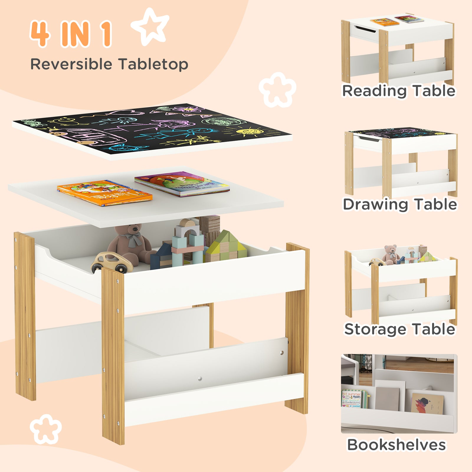 HOMCOM Three-Piece Kids Table and Chair Set with Blackboard, Storage, Bookshelves - Natural Wood