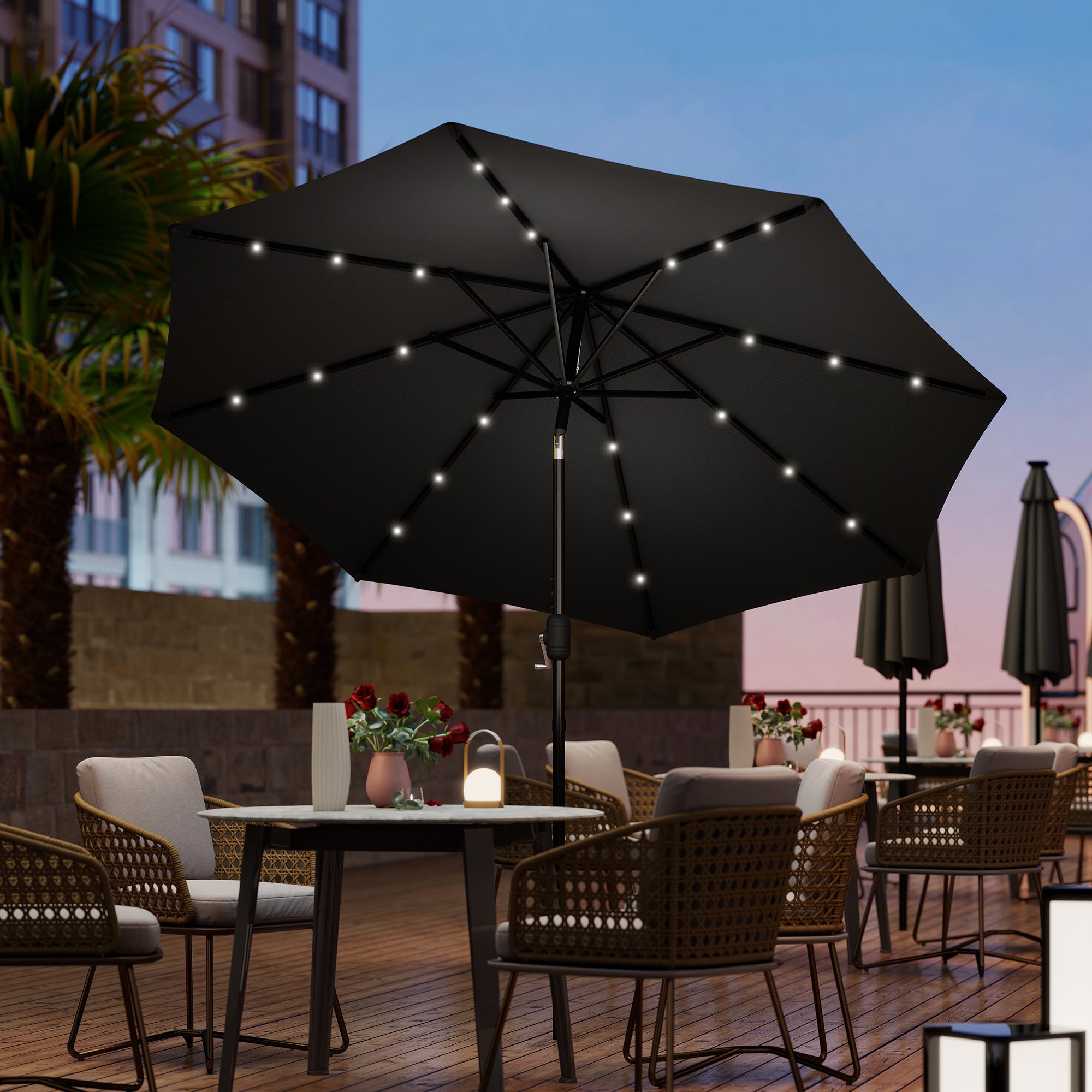 Outsunny 2.7m Garden Parasol Solar Outdoor Tilt Sun Umbrella Patio Sun Shade w/ 24 LED Light, Hand Crank and 8 Ribs, Black