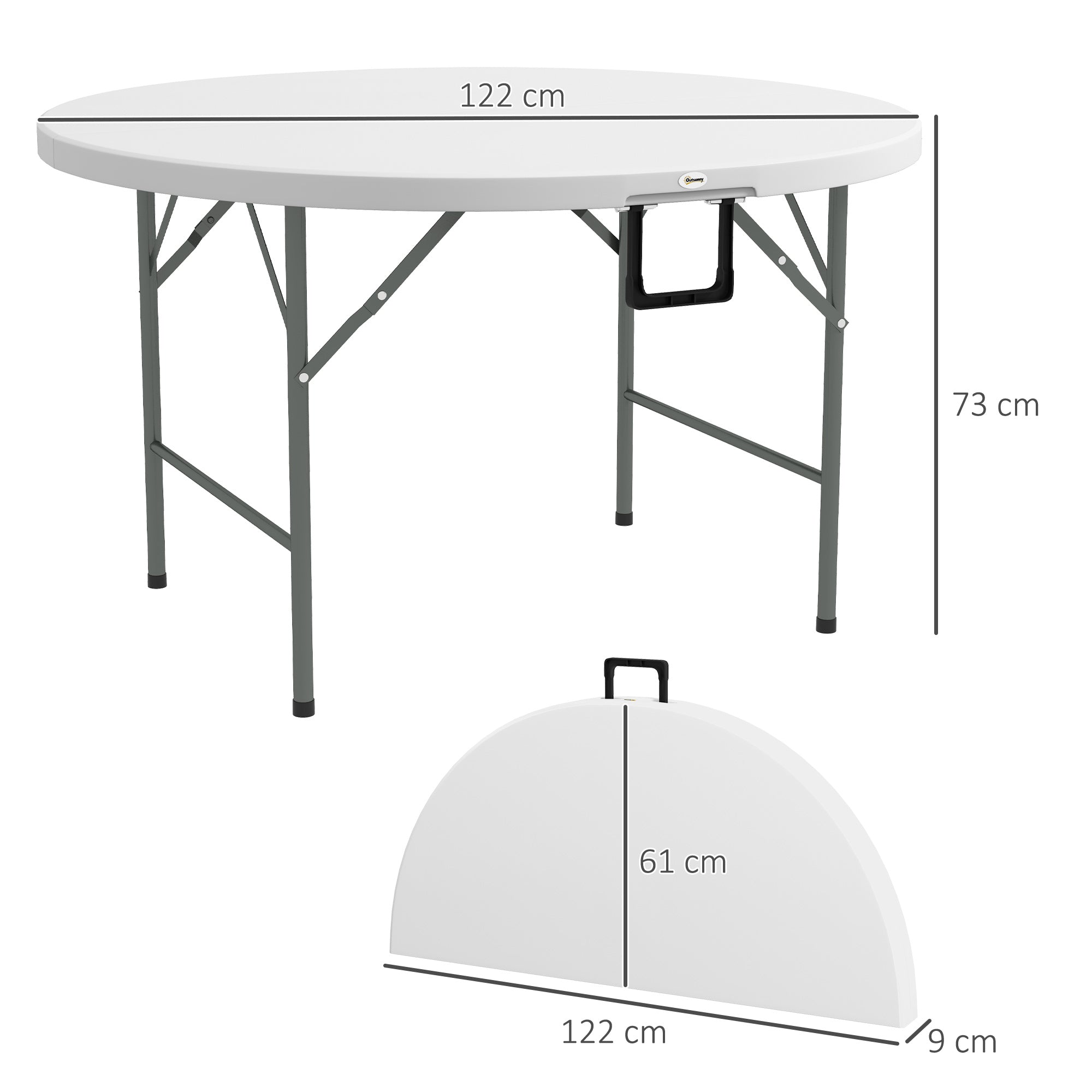 Outsunny Folding Garden Table, 122 cm Round HDPE Outdoor Picnic Table for 6, Metal Frame for Patio, Park, White