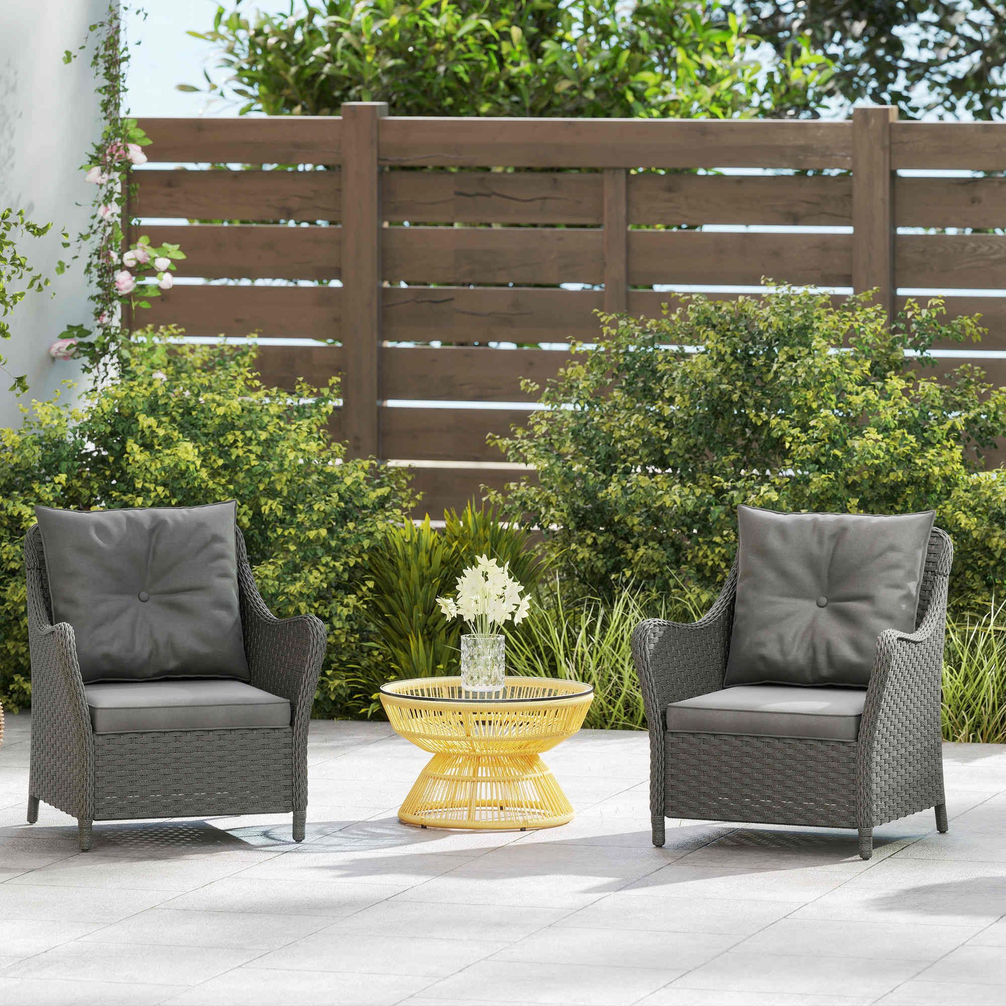 Outsunny Rattan Garden Chairs Set of 2, Outdoor Rattan Chairs with Cushions, Armrests and High Back, PE Wicker Garden Armchair with Steel Frame for Balcony, Porch, Dark Grey