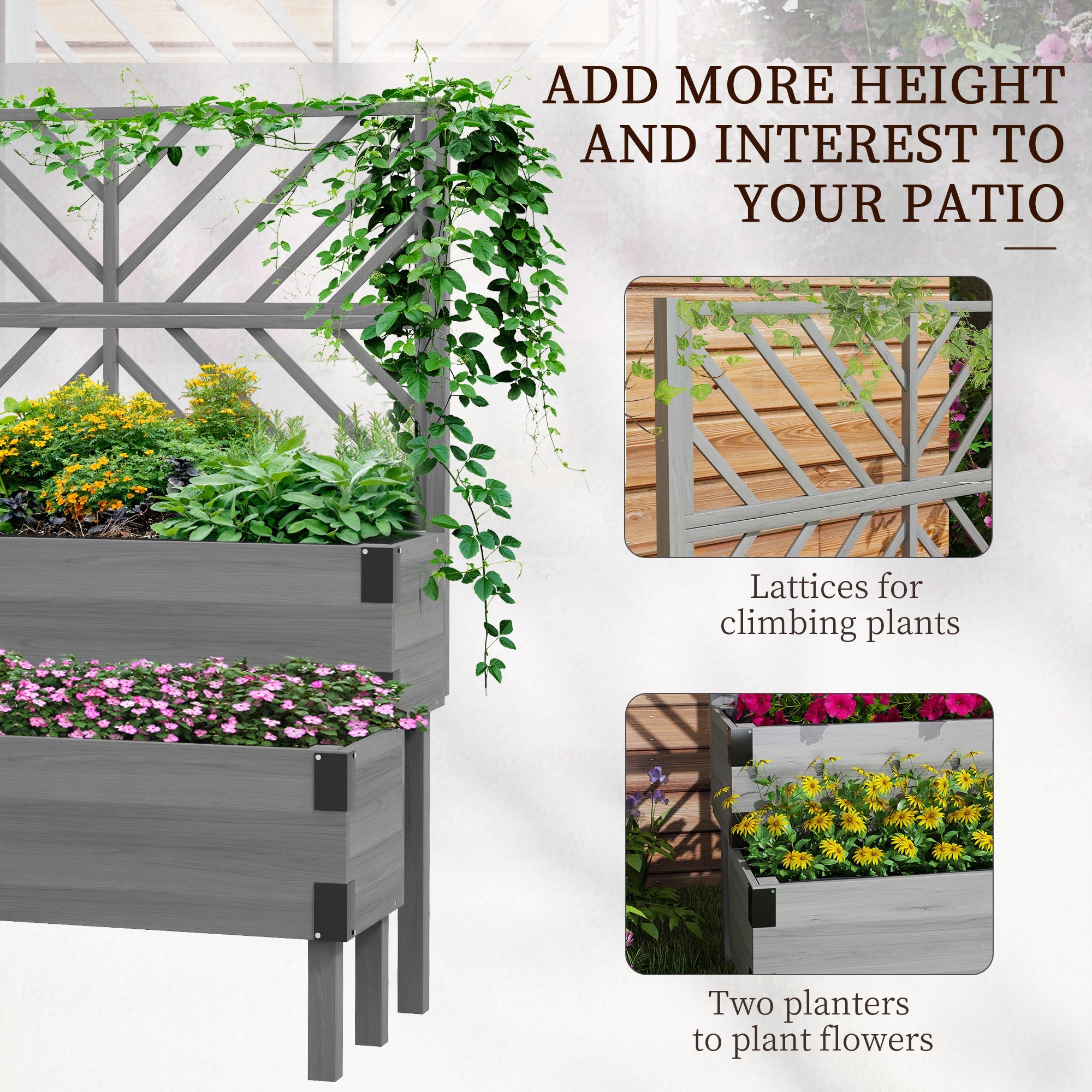 Outsunny Raised Garden Bed with Trellis, 2-Tier Wooden Elevated Planter Box for Vegetables, Flowers, Herbs, Grey