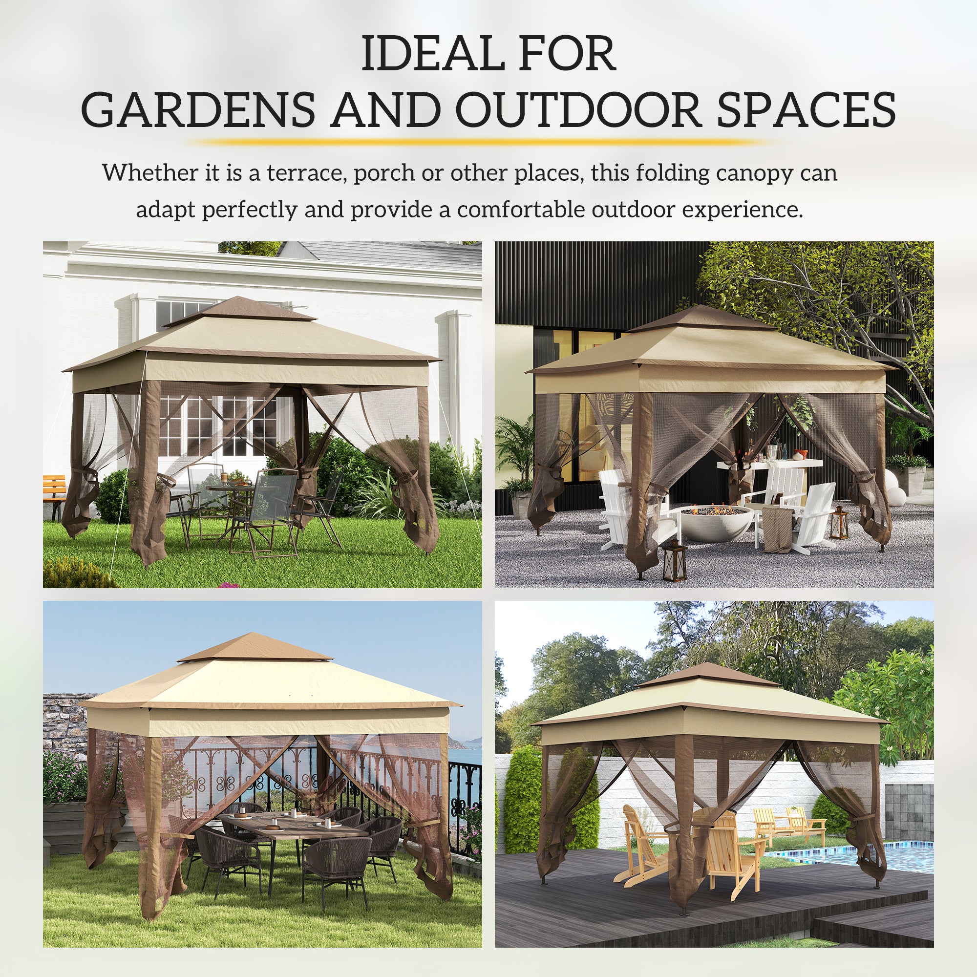 Outsunny 3 x 3(m) Pop Up Gazebo, Marquee Party Tent with Double Tier Roof, Netting and Carry Bag, Event Shelter for Outdoor Patio, Khaki