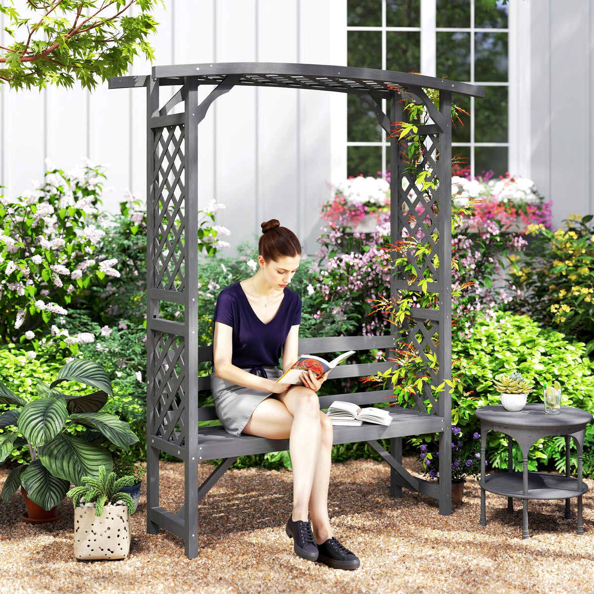 Outsunny Garden Bench, Wooden Garden Arbour with Seat for Vines/Climbing Plants, Grey