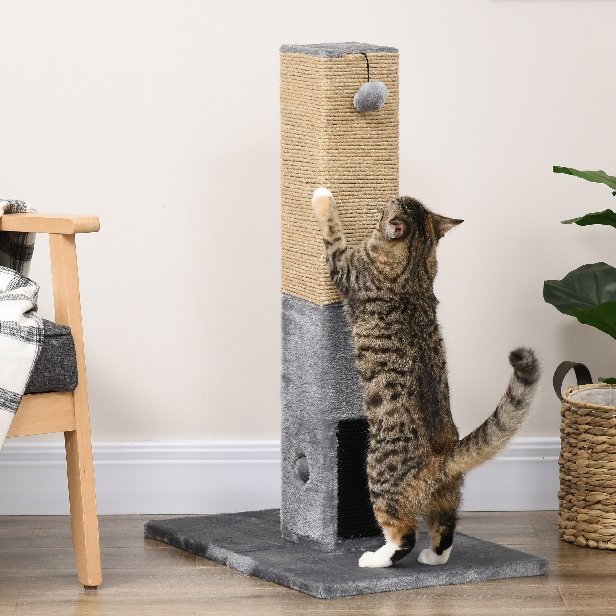 PawHut Cat Tree Scratching Post for Indoor Cats 79cm Jute Scratcher Climber w/ Carpet Base Dangling Toy √¢‚Ç¨‚Äú Grey