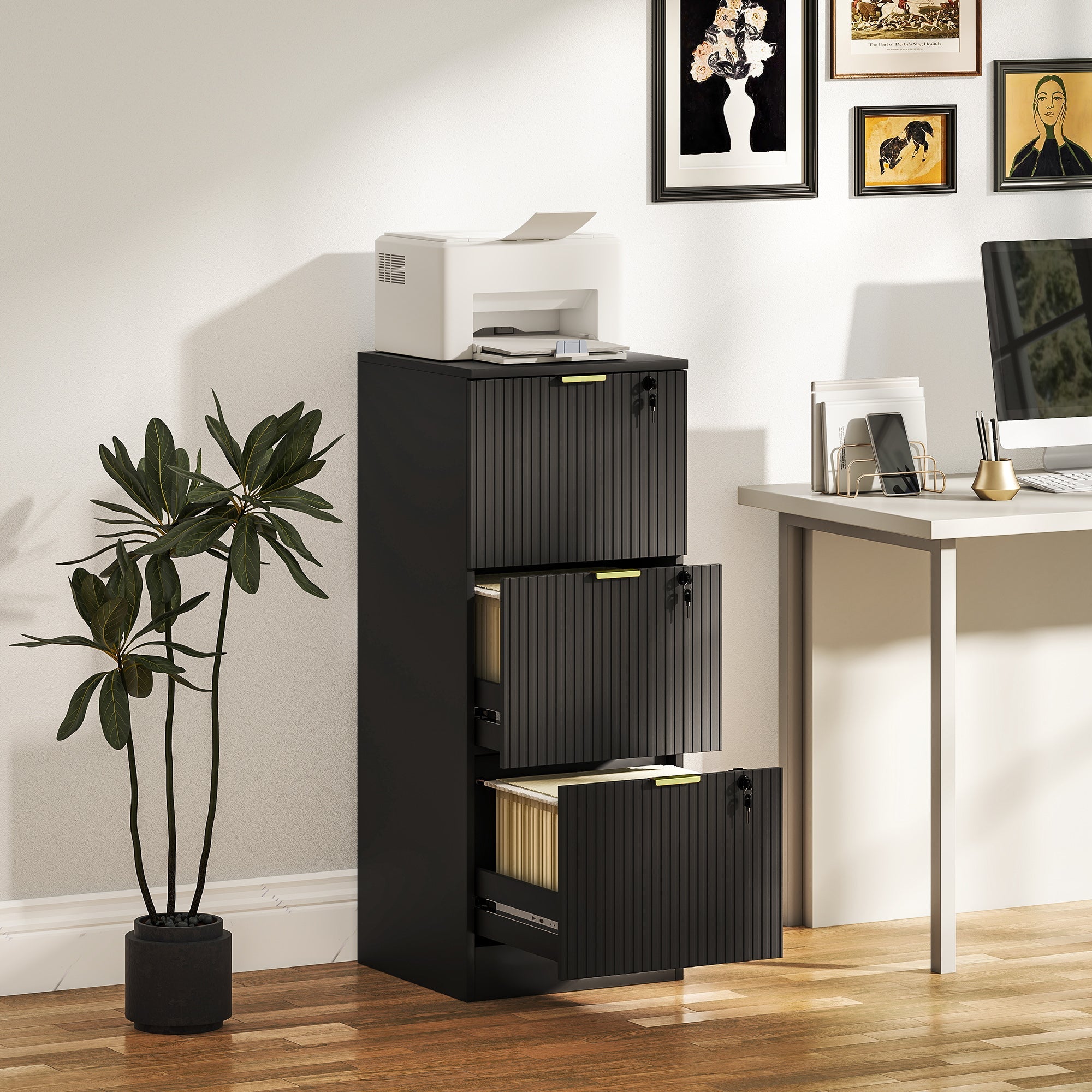 HOMCOM Filing Cabinet, Fluted Vertical File Cabinet with 3 Lockable Drawers and Hanging Rails, Black