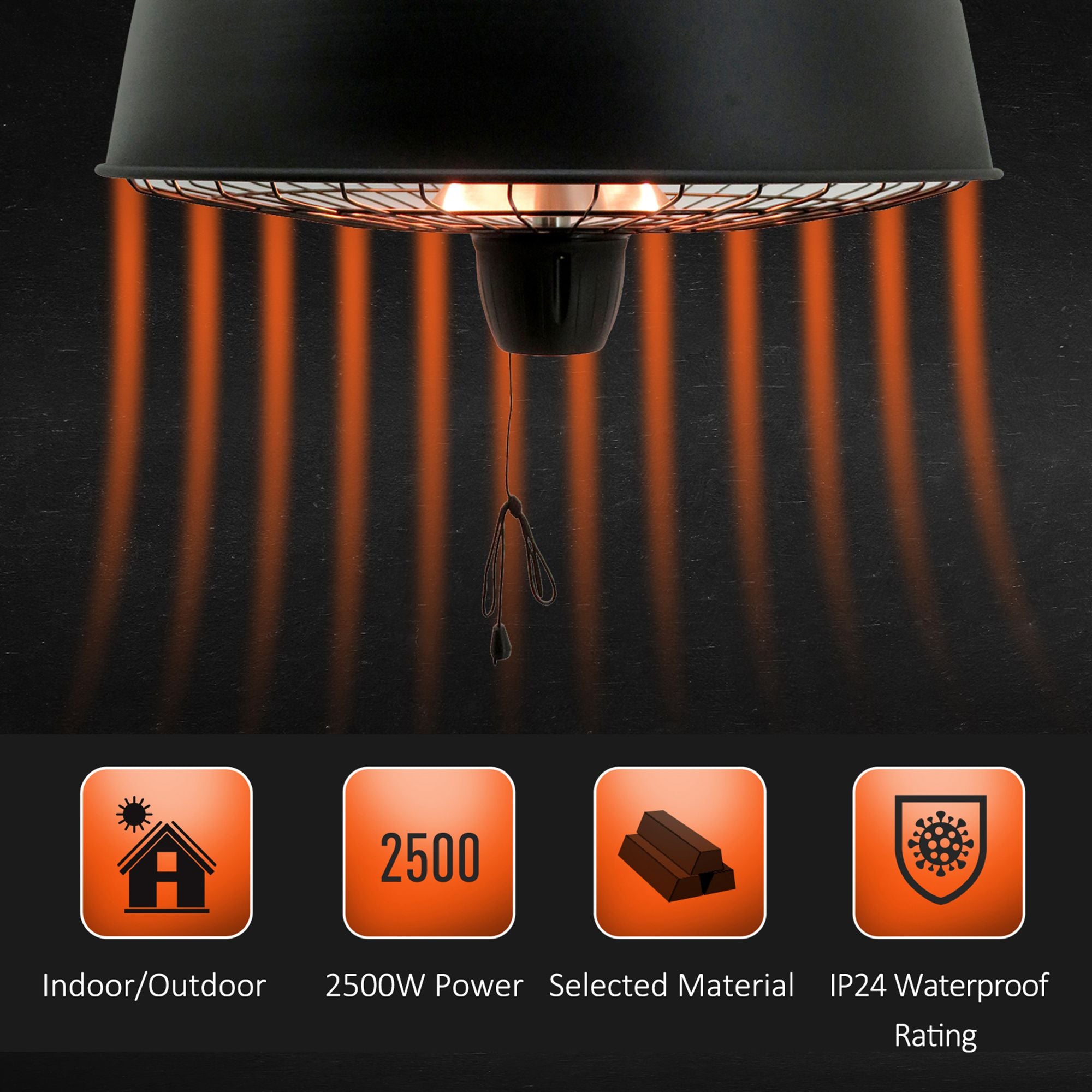 Outsunny Adjustable Power 1000/2500W Infrared Halogen Electric Patio Light Heater, Ceiling Hanging Mount -Black