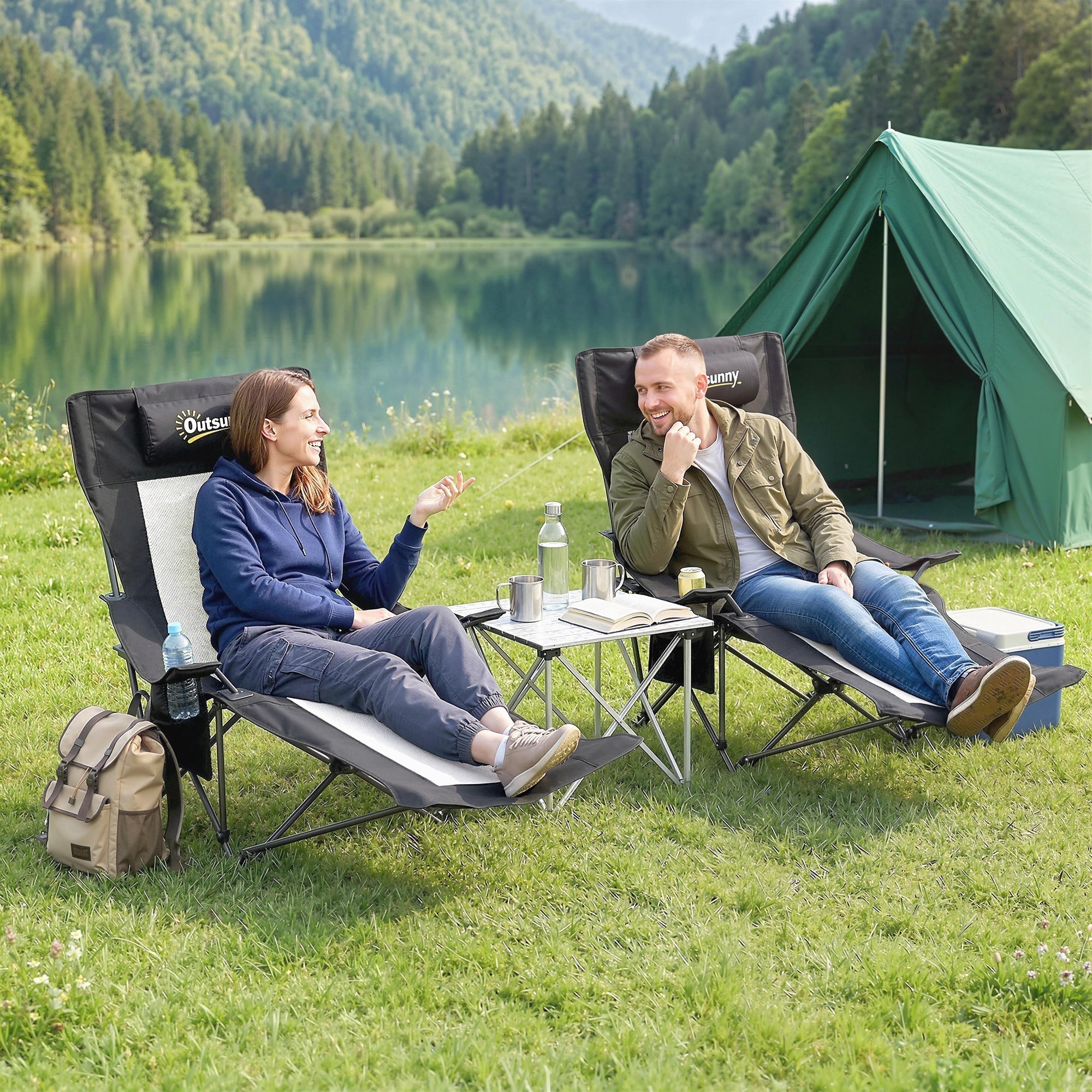 Outsunny Camping Chair Reclining Portable Camp Chair with Detachable Footrest Cup Holder Black