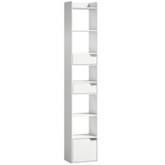 HOMCOM Bookcase Tall Narrow with 5 Tiers and Drawers Freestanding Bookshelf Storage Cabinet for Living Room White Wood Effect