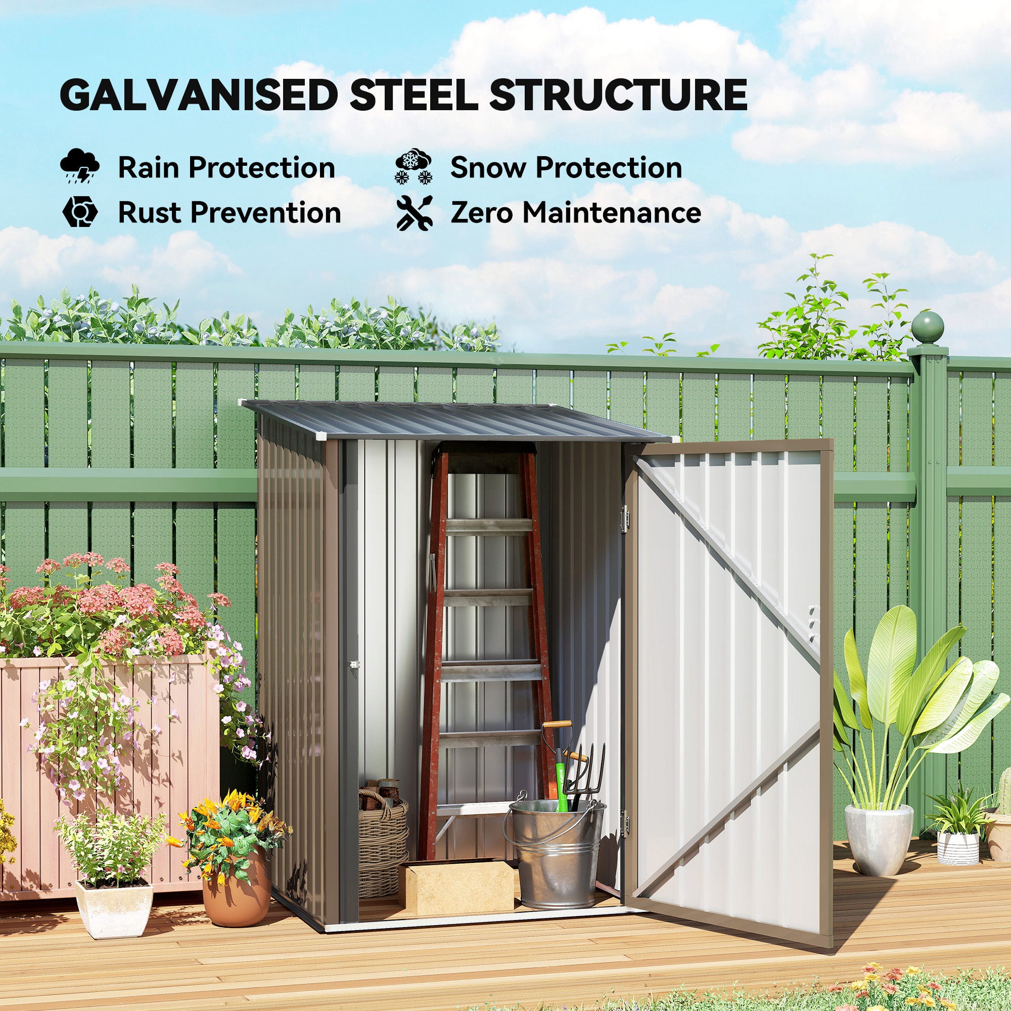 Outsunny 3.3 x 3.4ft Lean To Steel Garden Shed, with Locking Door - Brown/Grey