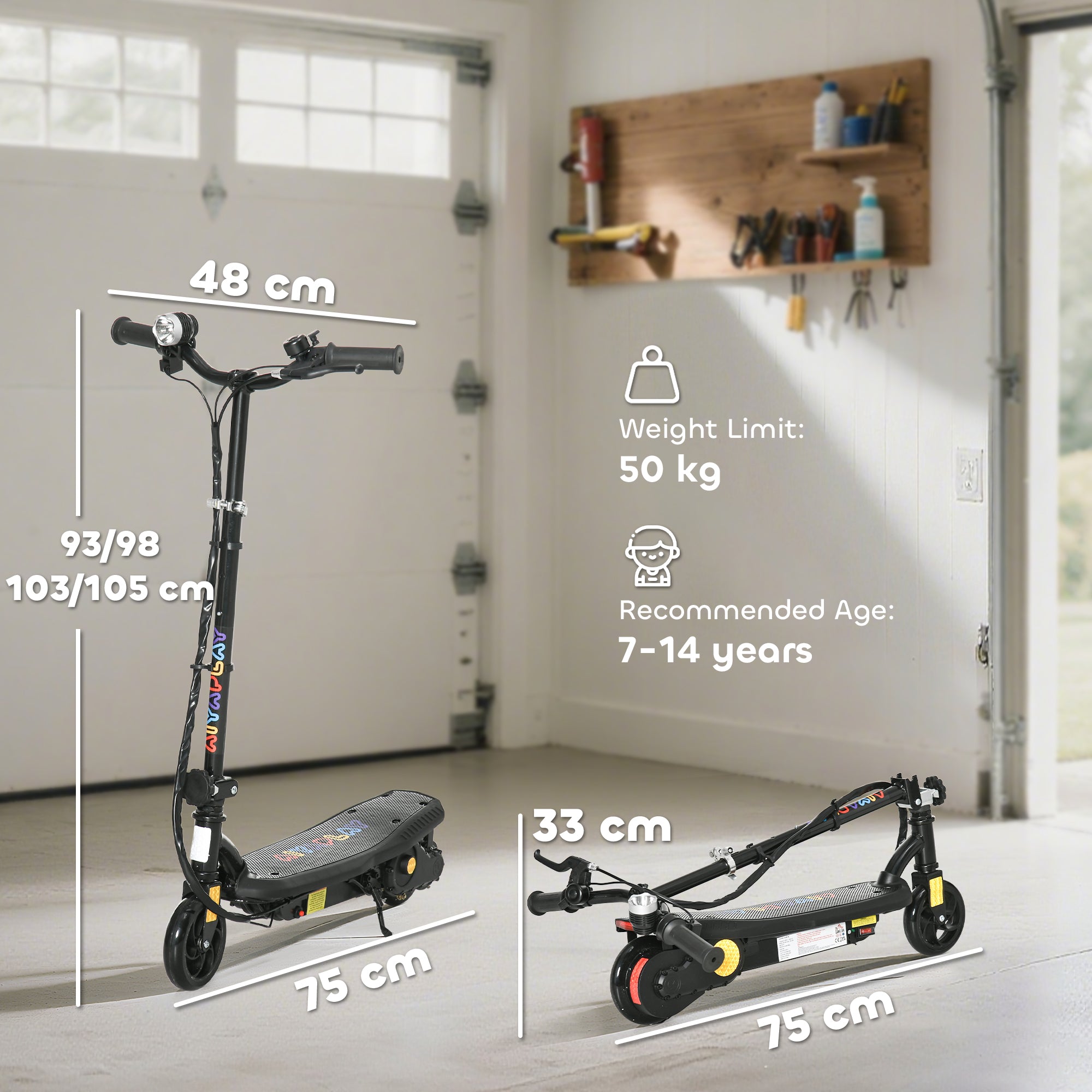 HOMCOM Foldable Electric Scooter, with LED Headlights, for Ages 7-14 Years, Black