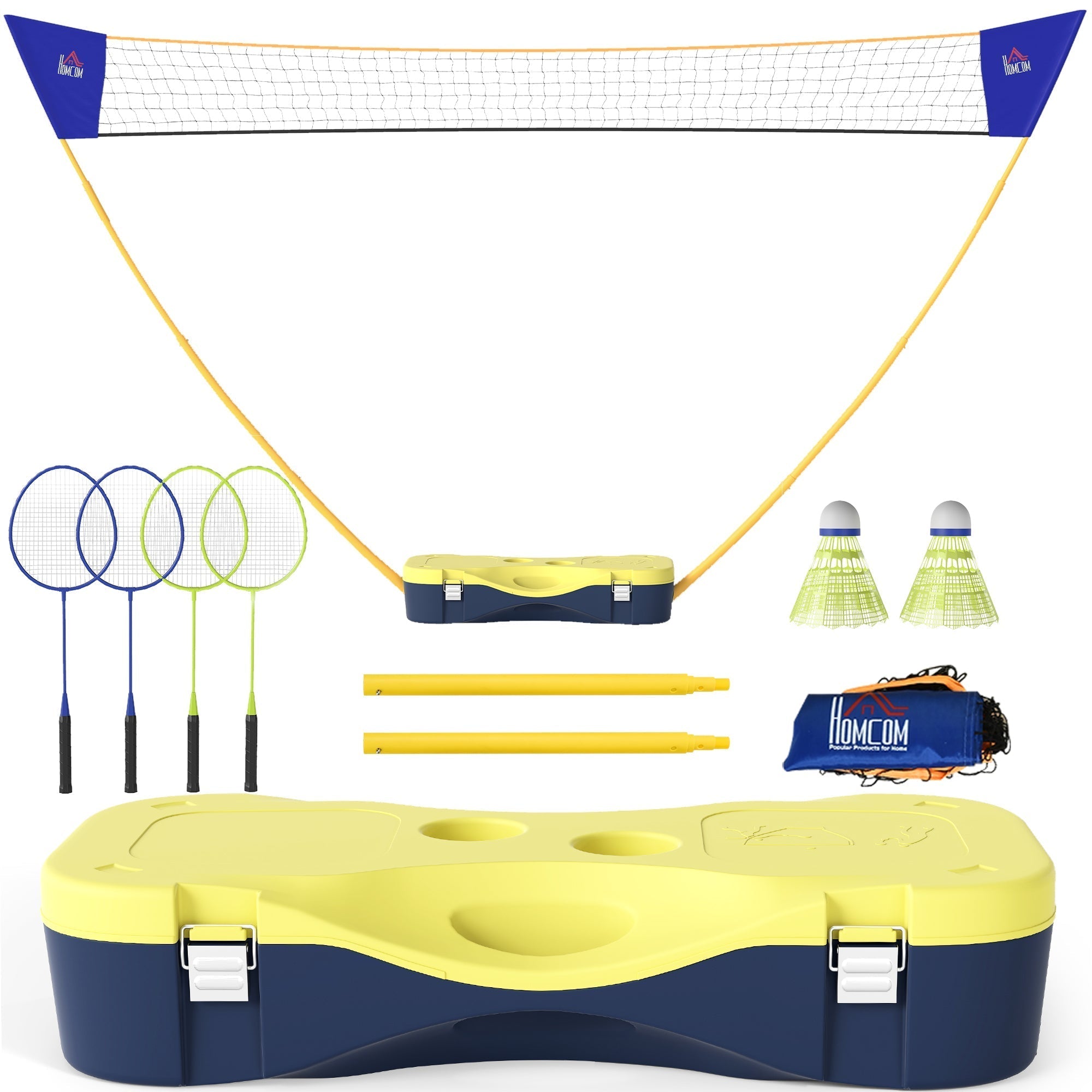 HOMCOM 2.8m Portable Folding Badminton Net Set with 4 Badminton Rackets and 2 Nylon Shuttlecocks, for Adults Kids Indoor Outdoor Exercise Training