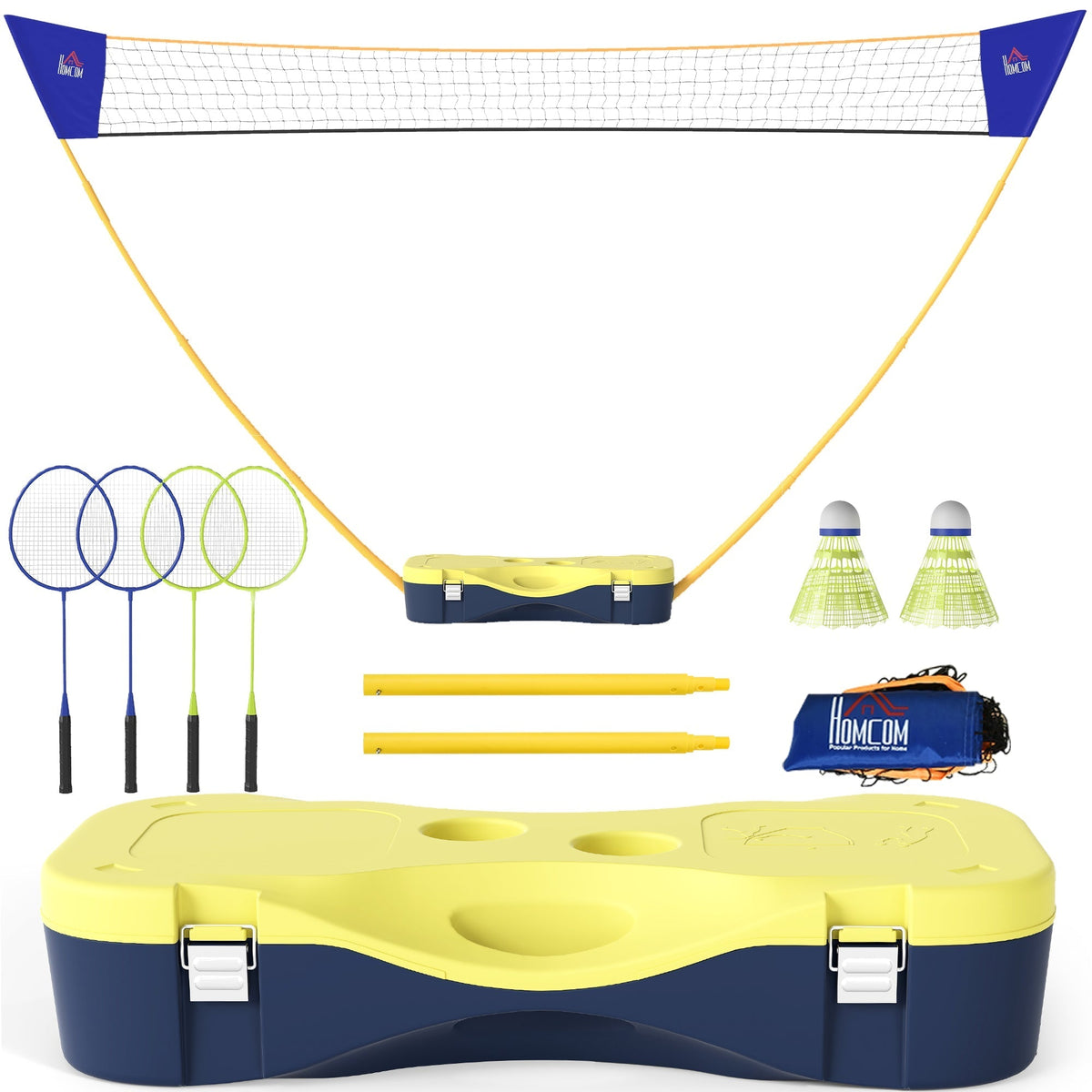 HOMCOM 2.8m Portable Folding Badminton Net Set with 4 Badminton Rackets and 2 Nylon Shuttlecocks, for Adults Kids Indoor Outdoor Exercise Training