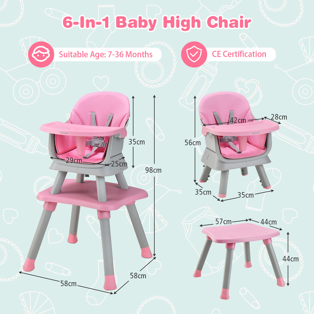 6-in-1 Baby High Chair in Pink