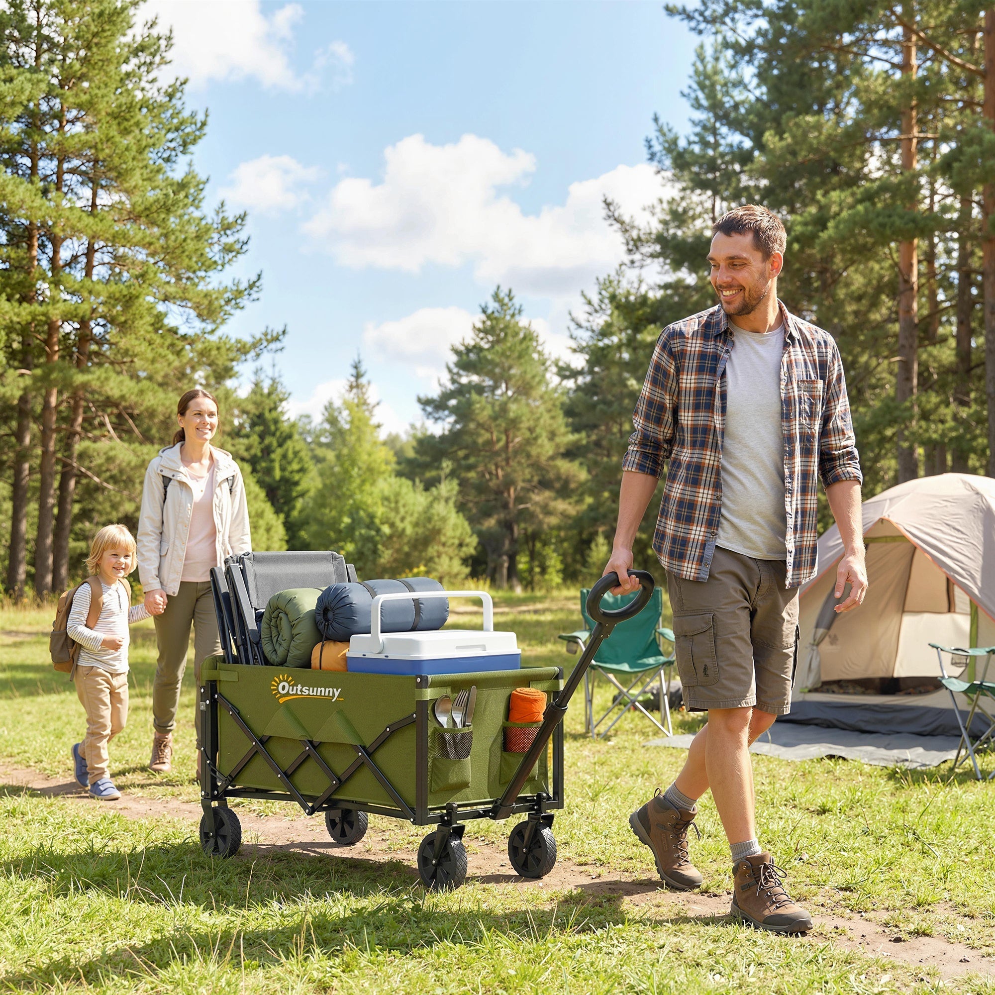 Outsunny 80L Foldable Festival Trolley on Wheels, Collapsible Wagon Cart with Drop-Down Tailgate, Adjustable Handle, Green
