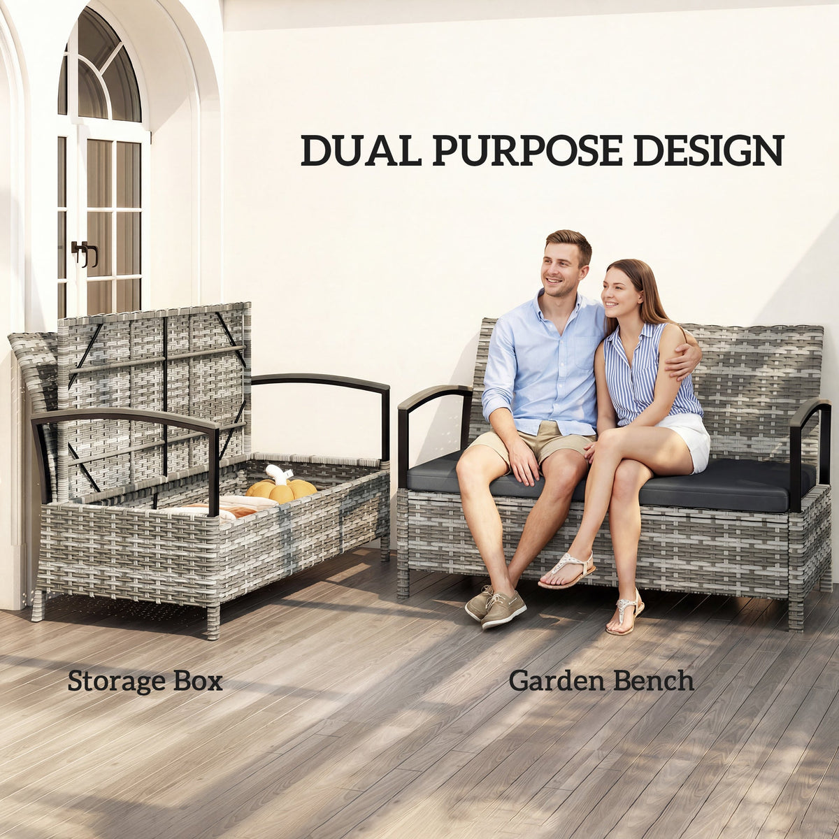 Outsunny 125L Garden Storage Bench, 2 Seater PE Rattan Outdoor Bench Storage Box with Padded Cushion, Dark Grey