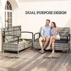 Outsunny 125L Garden Storage Bench, 2 Seater PE Rattan Outdoor Bench Storage Box with Padded Cushion, Dark Grey