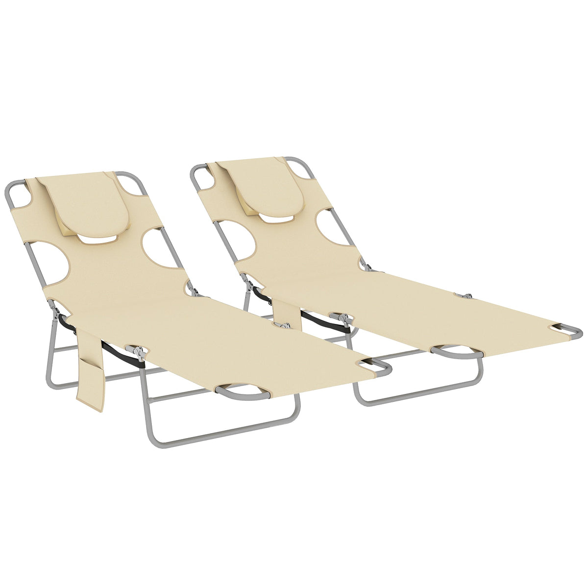 Outsunny 5-Position Adjustable Sun Loungers Set of 2 with Reading Hole and Side Pocket, Beige