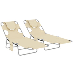 Outsunny 5-Position Adjustable Sun Loungers Set of 2 with Reading Hole and Side Pocket, Beige