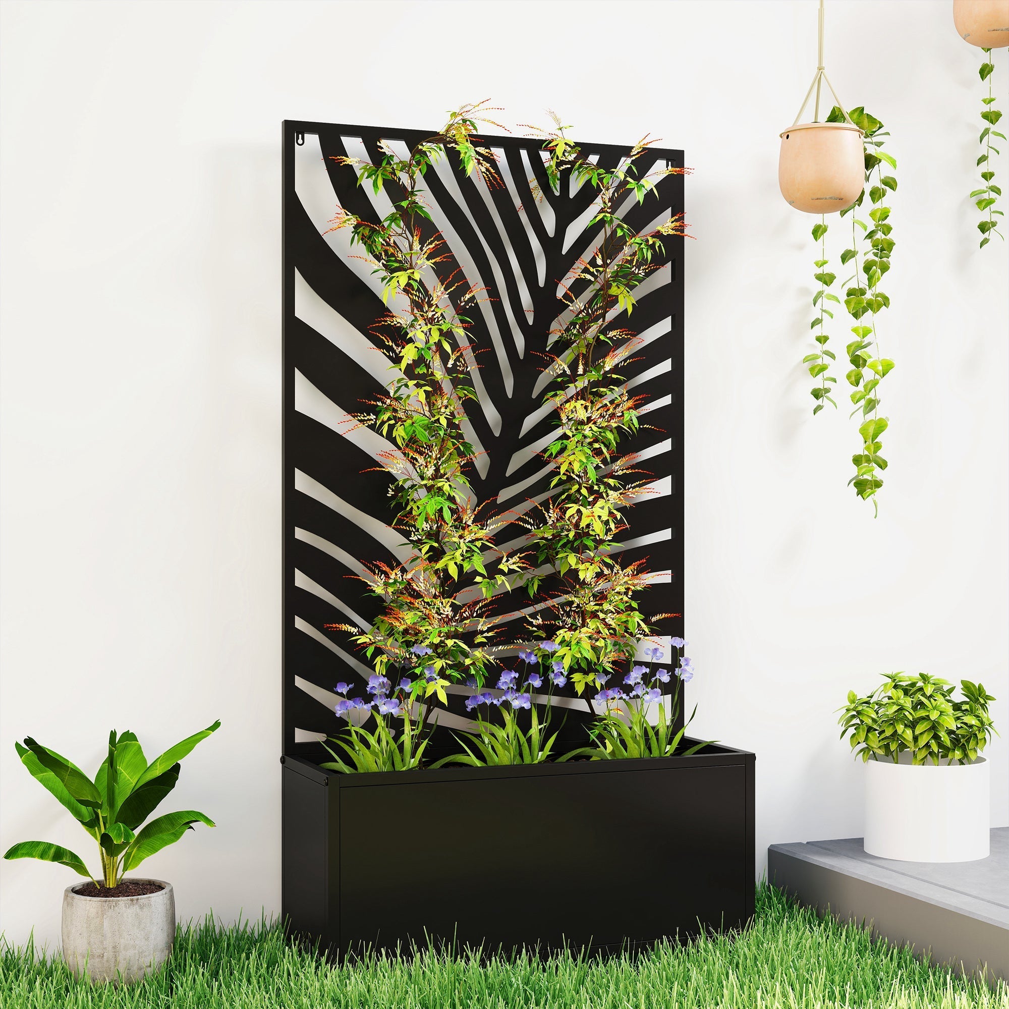 Outsunny Metal Garden Bed for Garden with Trellis, Wall Mounted or Freestanding Raised Planter with Privacy Screen