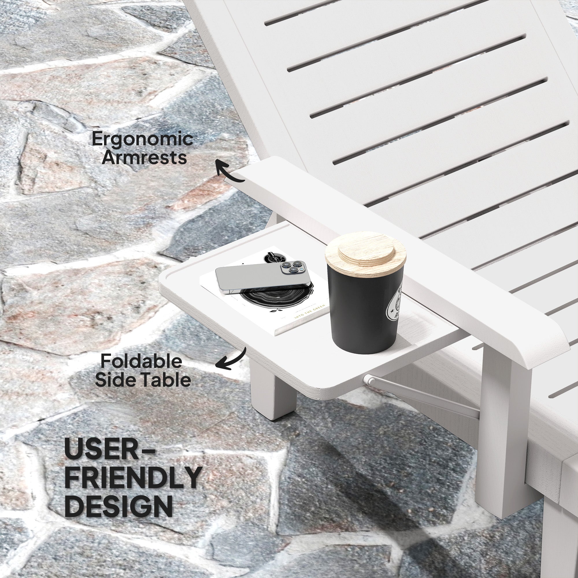 Outsunny Set of 2 Resin Reclining Sun Loungers for Garden, 5 Positions Adjustable Outdoor Chaise Lounge Chairs with Wood Texture Surface, Armrests, Foldable Side Table for Garden, Beach, White