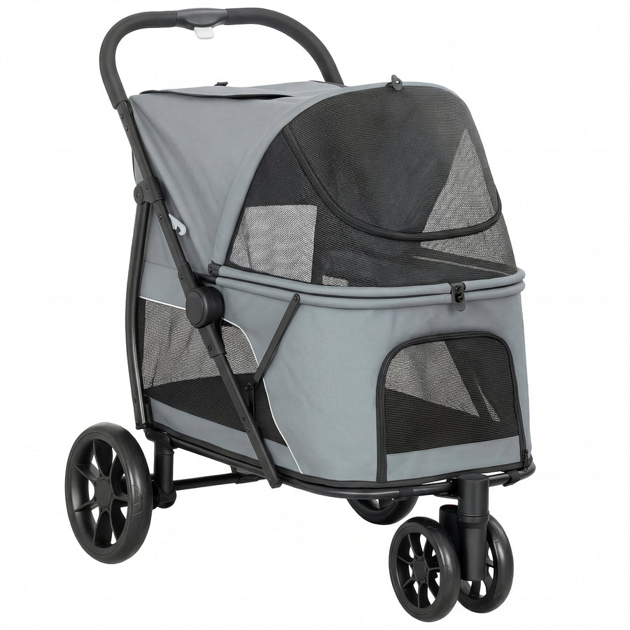 PawHut Dog Stroller, 3 Wheels Pet Stroller with Dual Entry, Easy One-Click Quick Fold, Mesh Windows, Washable Cushion