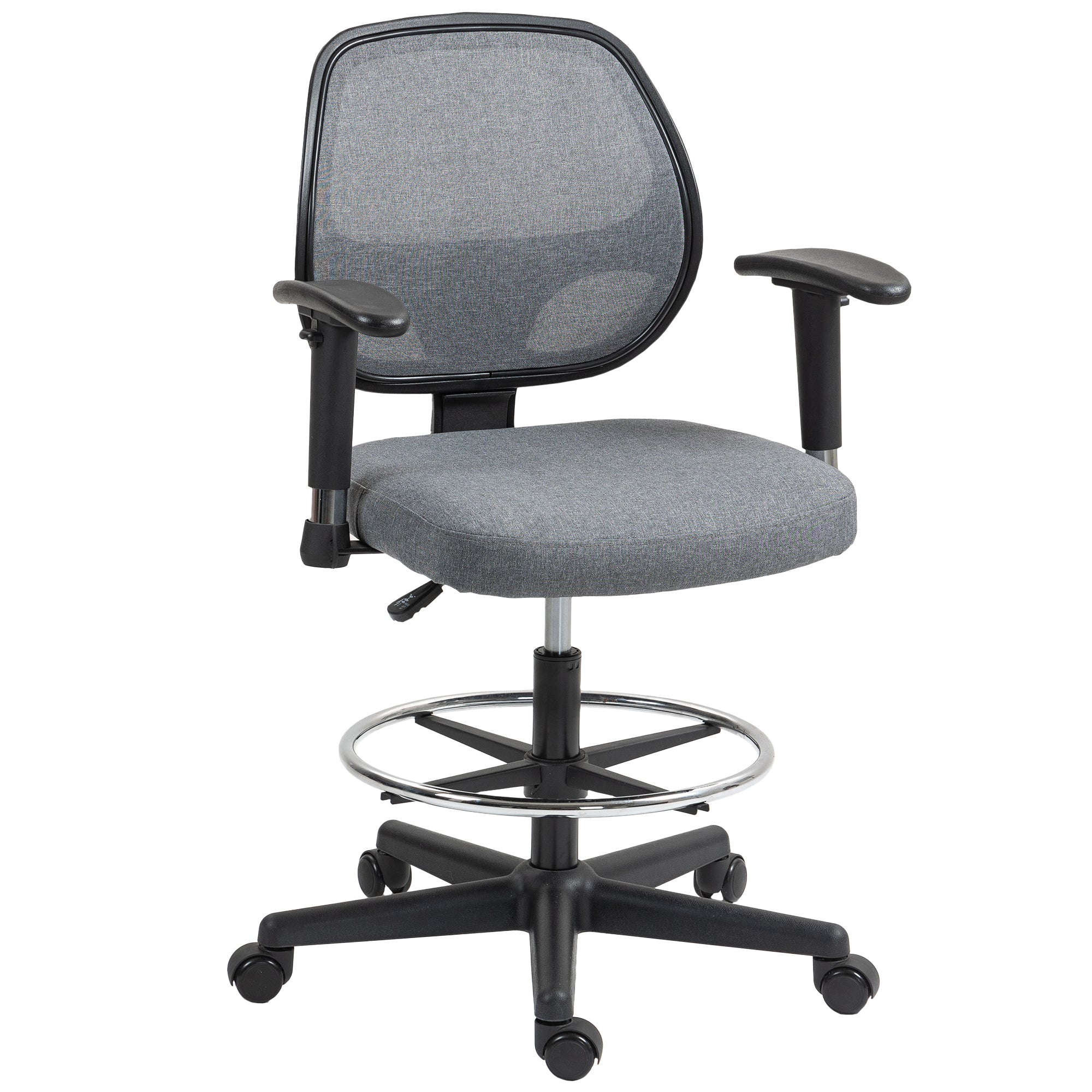 Vinsetto Drafting Chair, Fabric Office Chair, Ergonomic Painting Chair with Height Armrest Adjustable and Foot Ring, 360√Ç¬∞ Swivel Stool Chair for Standing Desk, Grey