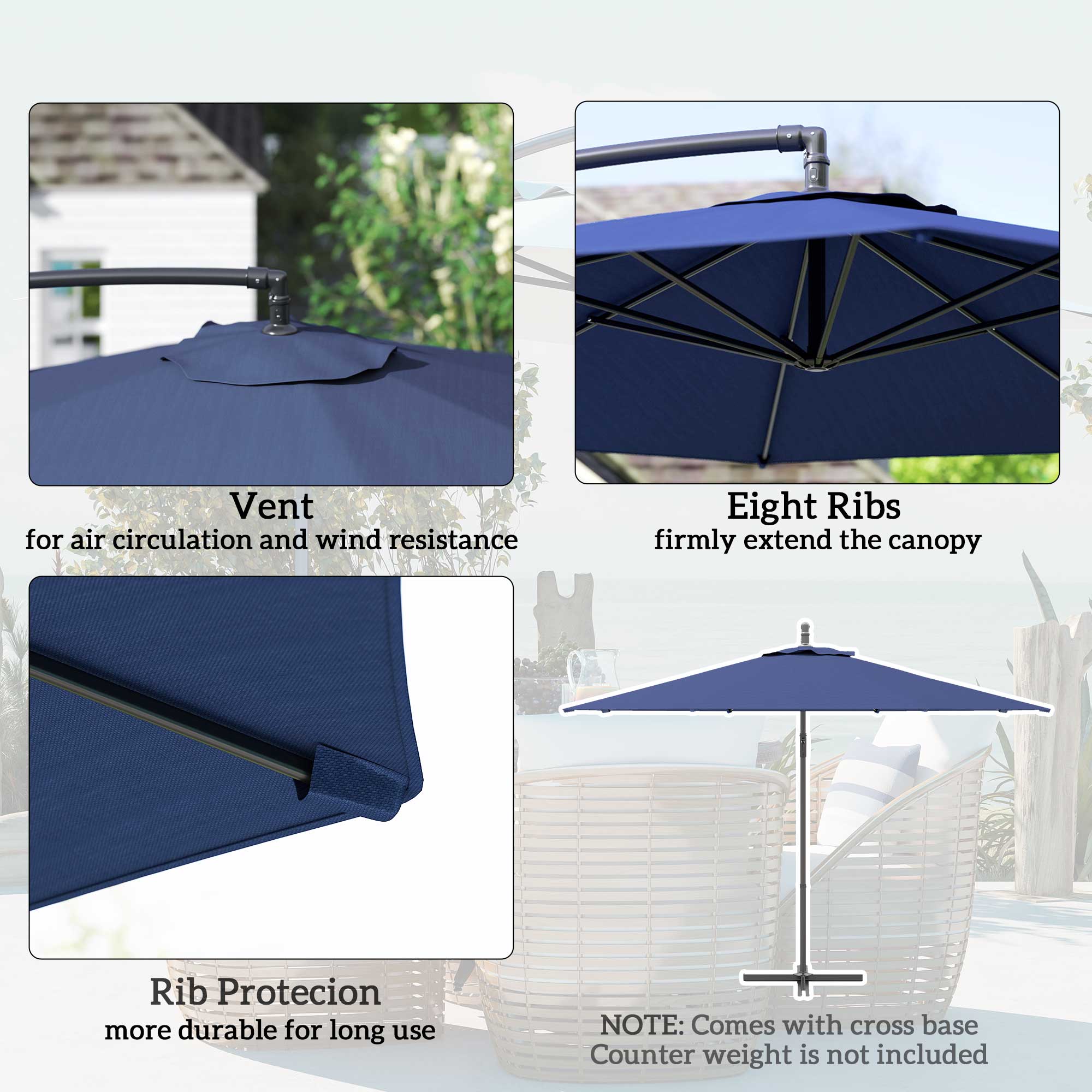 Outsunny 2.45m Overhanging Cantilever Parasol, with Cross Base - Blue