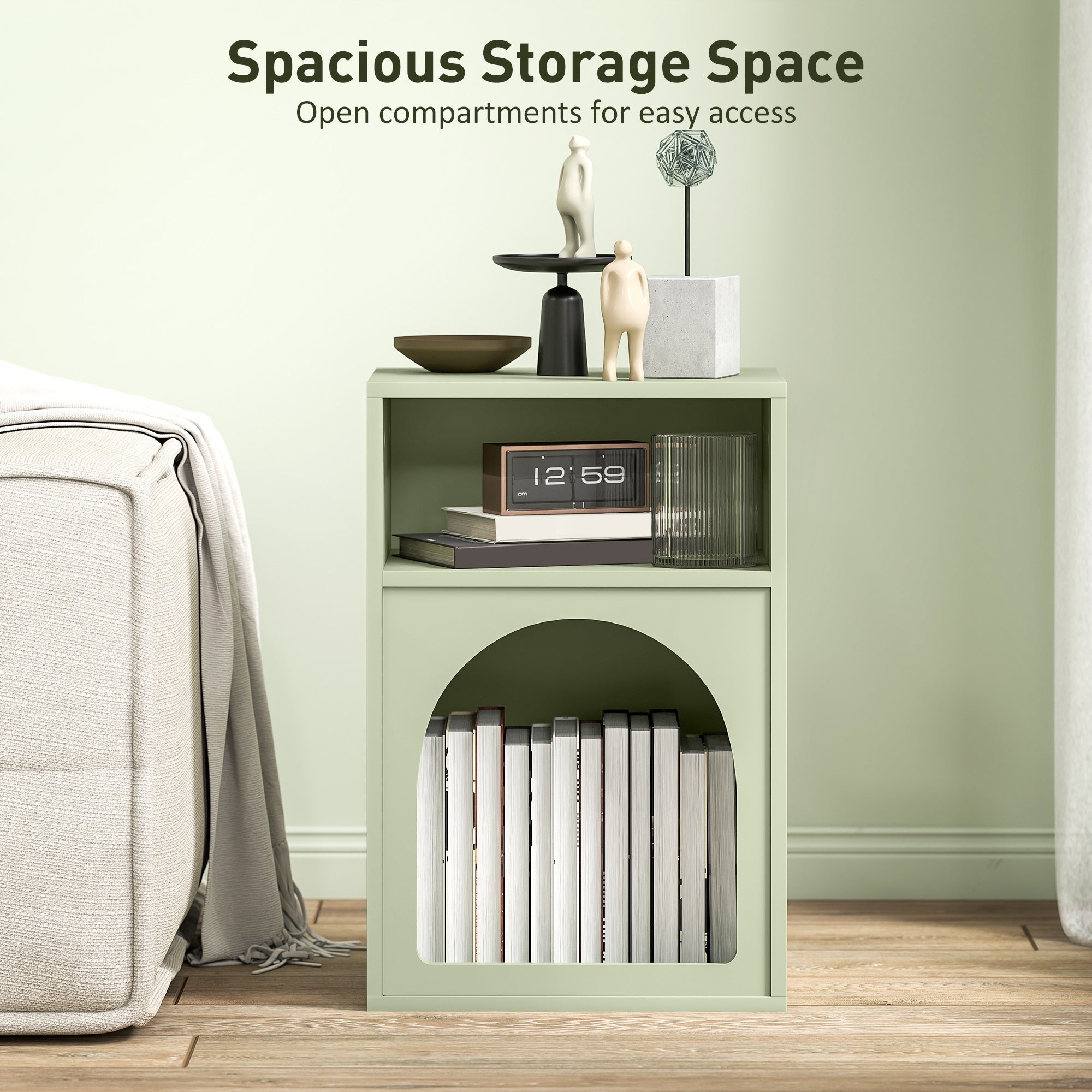 HOMCOM Bedside Table with 2 Open Compartments - Light Green