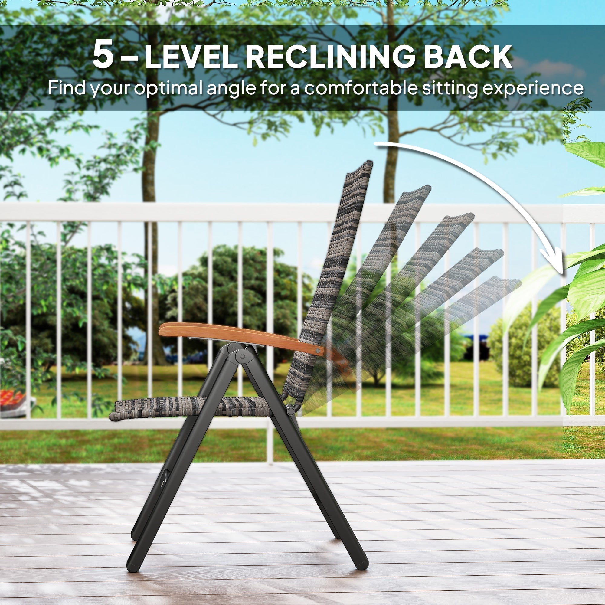 Outsunny 2 Pieces Folding Rattan Garden Dining Chairs with 5-level Reclining High Back, Wood Armrests for Outdoor - Mixed-grey