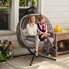 Outsunny Outdoor Double Hanging Chair with Cushion and Cup Holders, Sand Brown