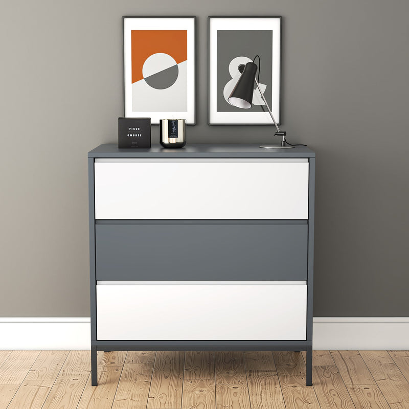 Chest of Drawers Grey White with 3 Storage Drawers Metal Legs Retro Style