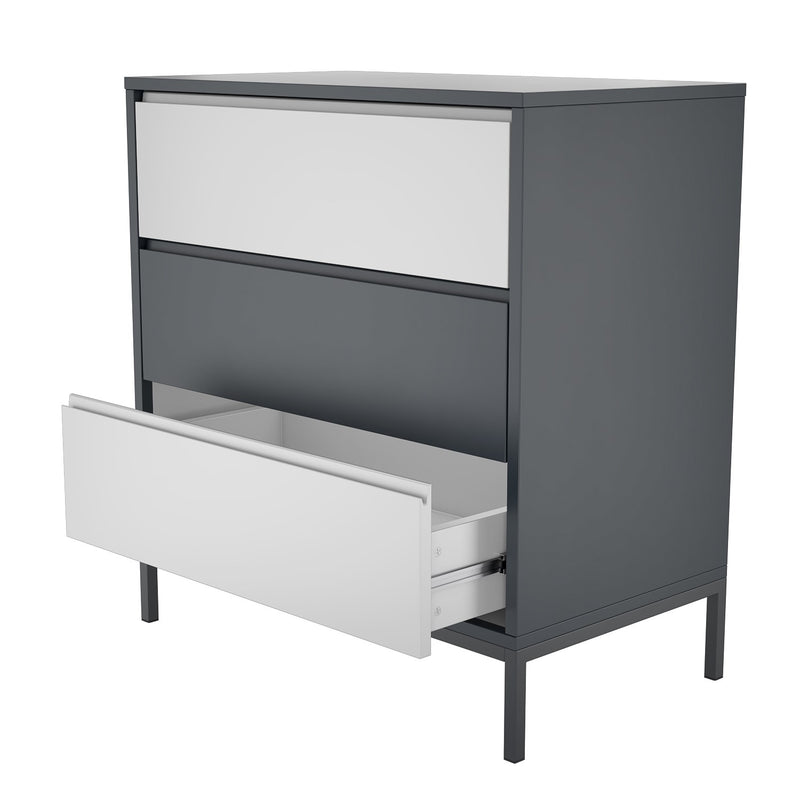 Chest of Drawers Grey White with 3 Storage Drawers Metal Legs Retro Style