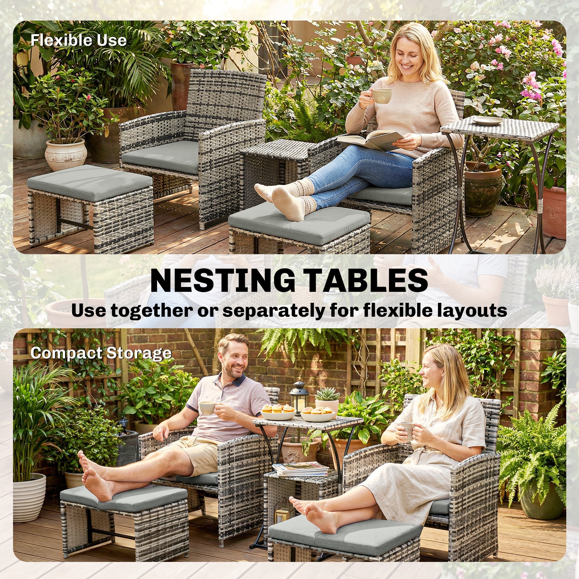 Outsunny 6 Piece Rattan Garden Furniture, Space-Saving Patio Furniture Set with Nesting Tables, Chairs, Stools, Cushions, Grey