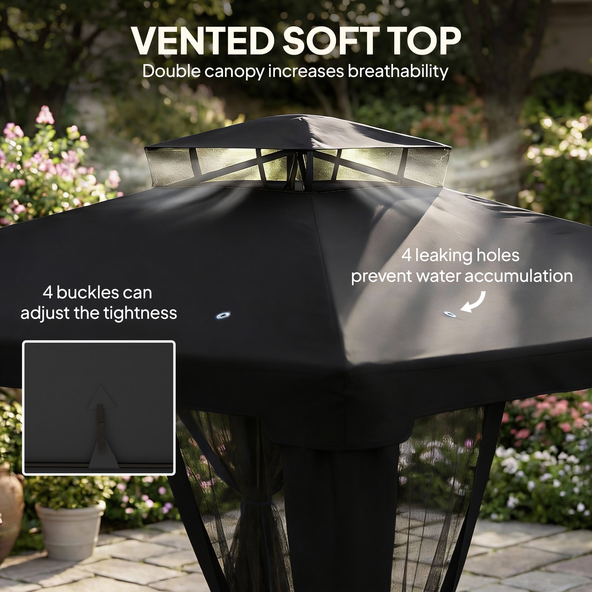 Outsunny 3 x 3 m Metal Gazebo, Garden Pavillion, DoubleÂ Roof Outdoor Canopy Shelter with Mesh Sidewalls, Black