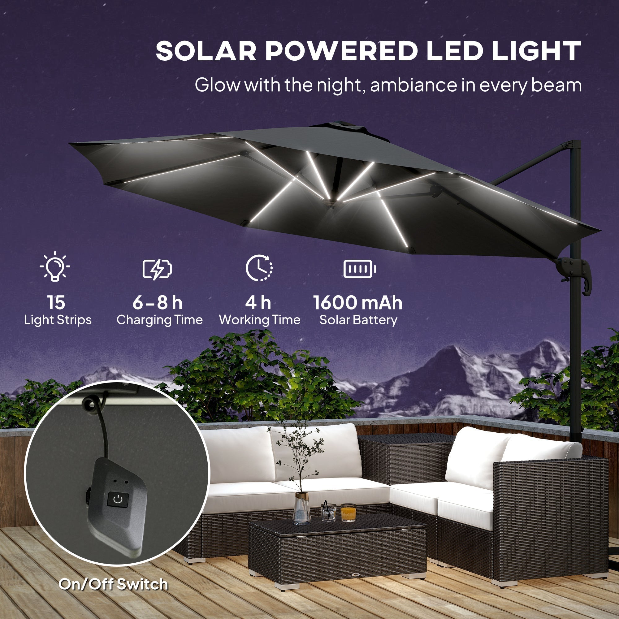 Outsunny 3(m) Adjustable Cantilever Parasol with Base, Solar LED Lights, Dark Grey