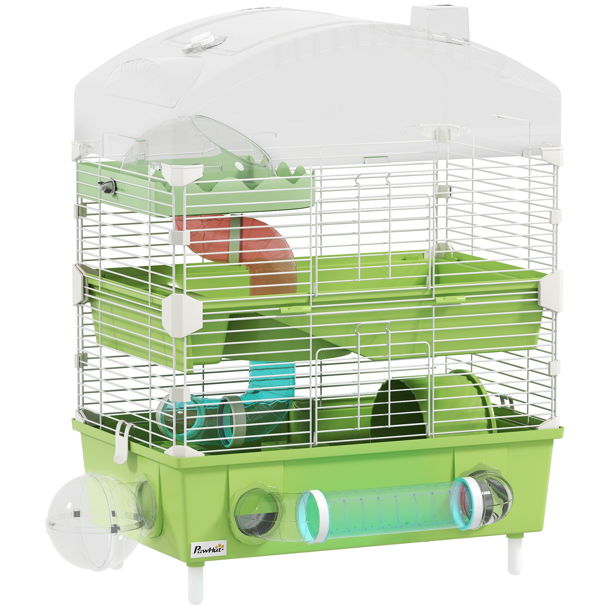 PawHut 3-Tier Hamster Cage with Transparent Top, Sand Bathroom, Exercise Wheel, Hideout Room, Tubes, 45 x 28 x 60 cm, Green