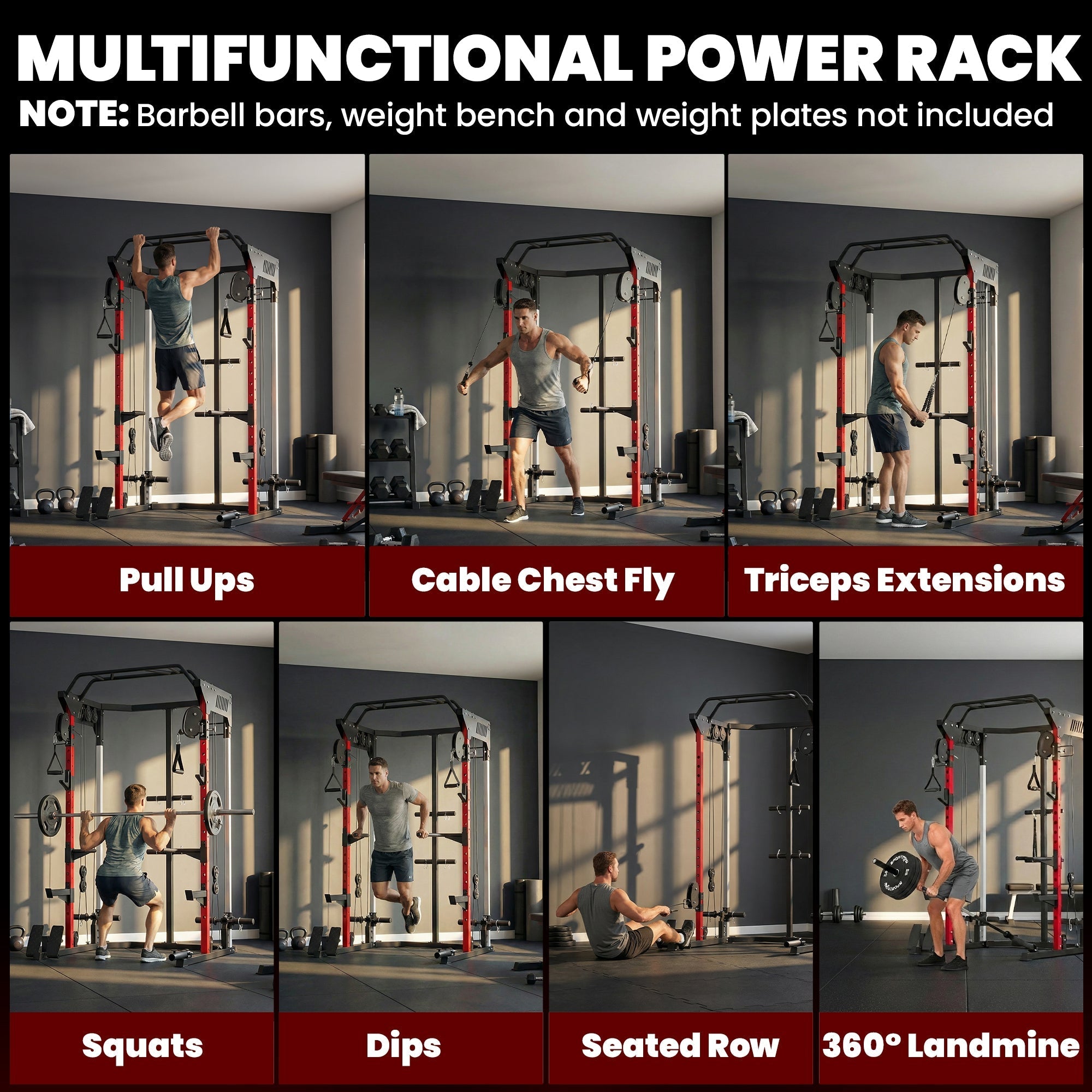 SPORTNOW Power Cage Smith Machine, Power Rack with Adjustable Cable Pulley System, Pull-Up Bar, Dip Station, Landmine