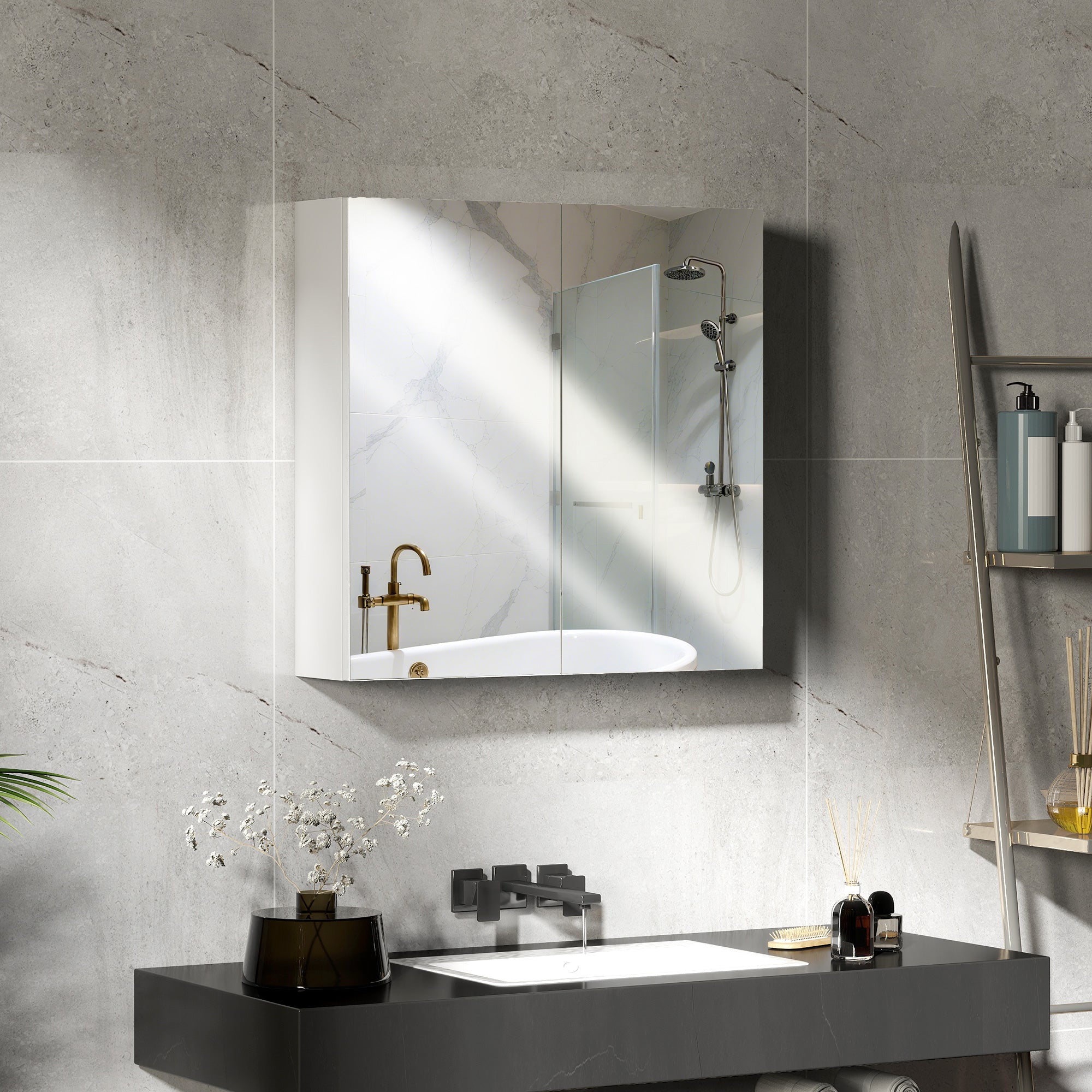 HOMCOM 60 x 15 cm Double Door Bathroom Mirror Cabinet - White