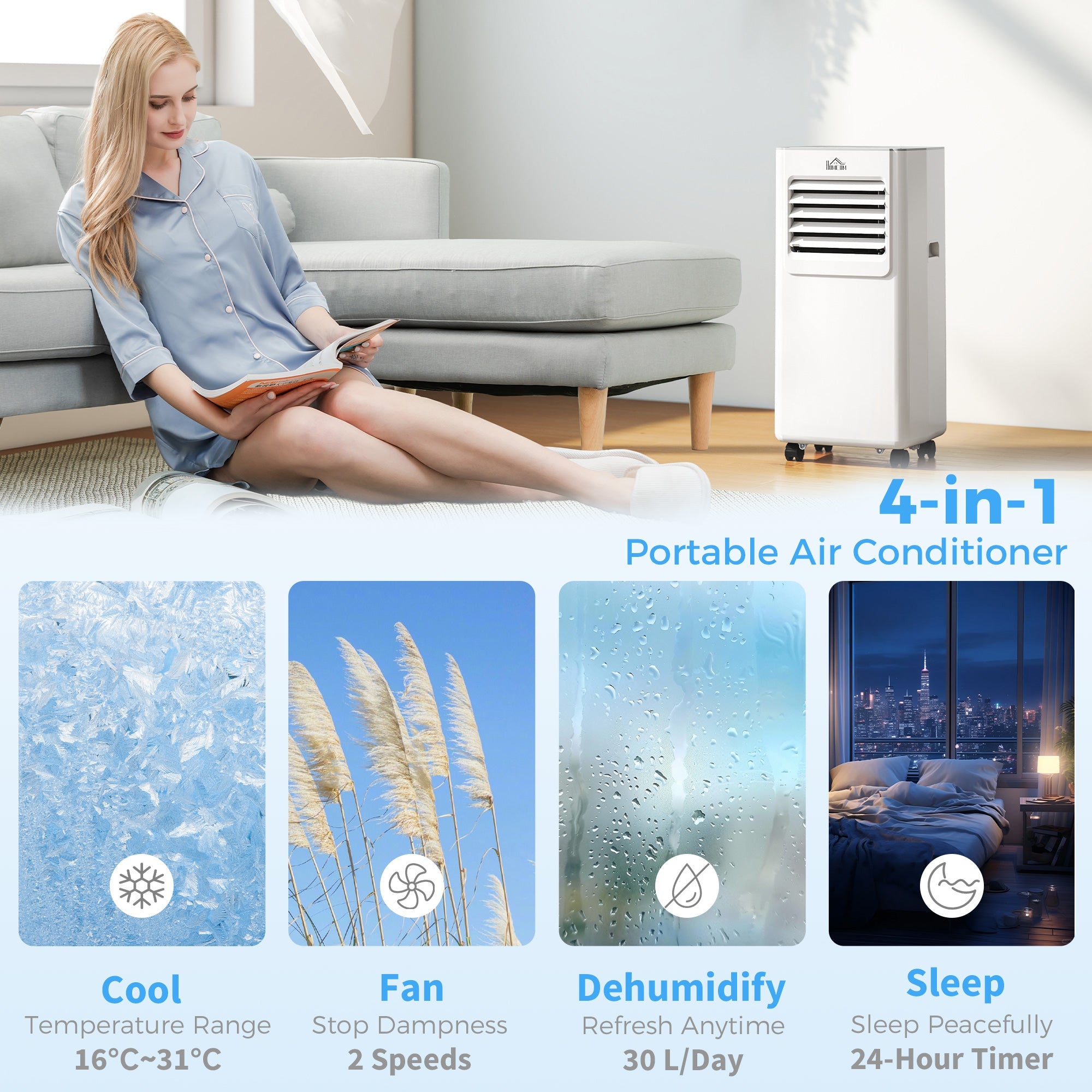 HOMCOM 7000 BTU Air Conditioning Unit, 3-in-1 Portable Air Conditioner, Dehumidifier, Cooling Fan with 2 Speeds, 24H Timer, Remote Control, LED Display, Window Venting Kit, 15mÂ²