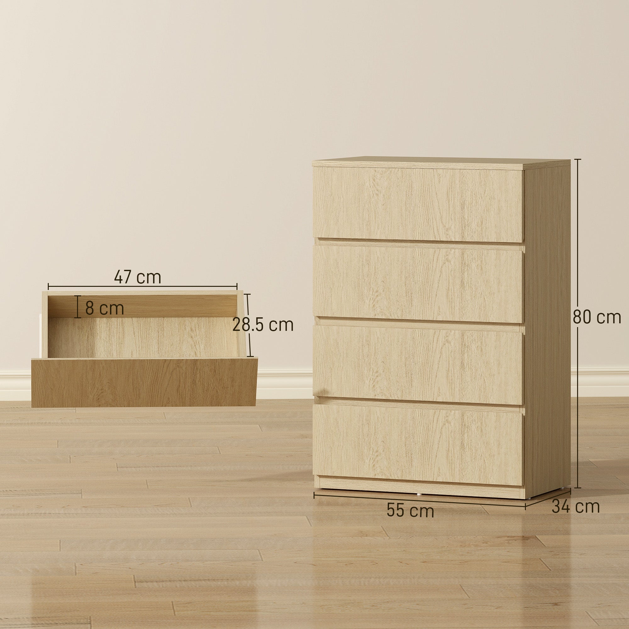 HOMCOM Chest of Drawers, 4-Drawer Storage Cabinets, Modern Dresser, Storage Drawer Unit for Bedroom