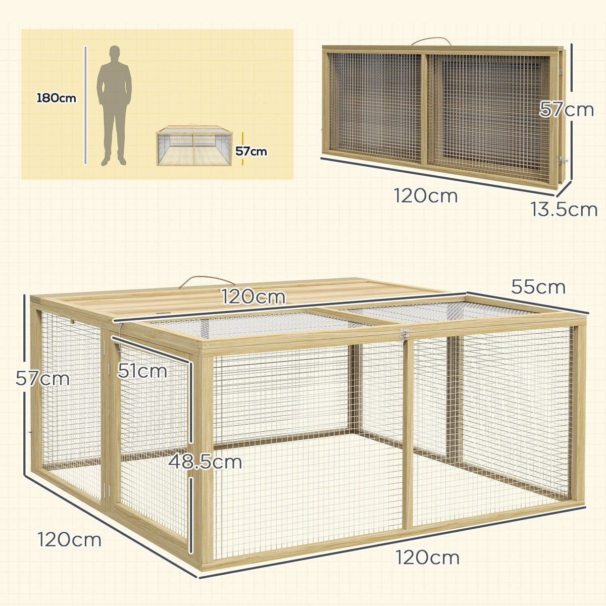 PawHut Wooden Folding Rabbit Hutch, for 2-3 Rabbits - Natural Wood