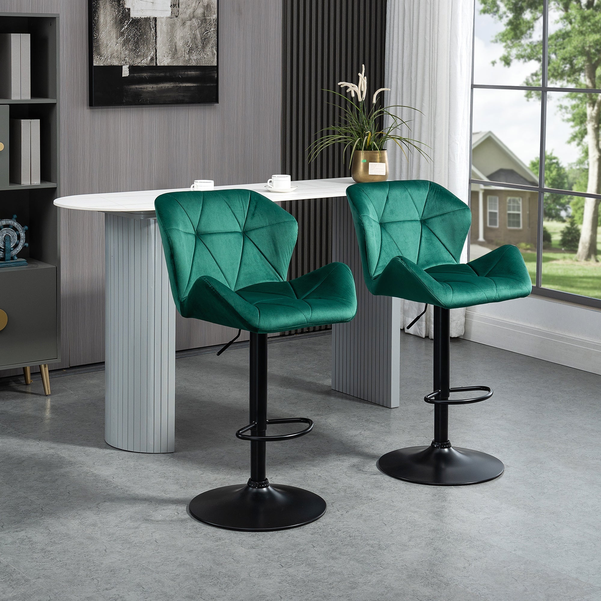 HOMCOM Bar Stools Set Of 2, Velvet-Touch Barstools with Metal Frame Footrest and Adjustable Height, Green