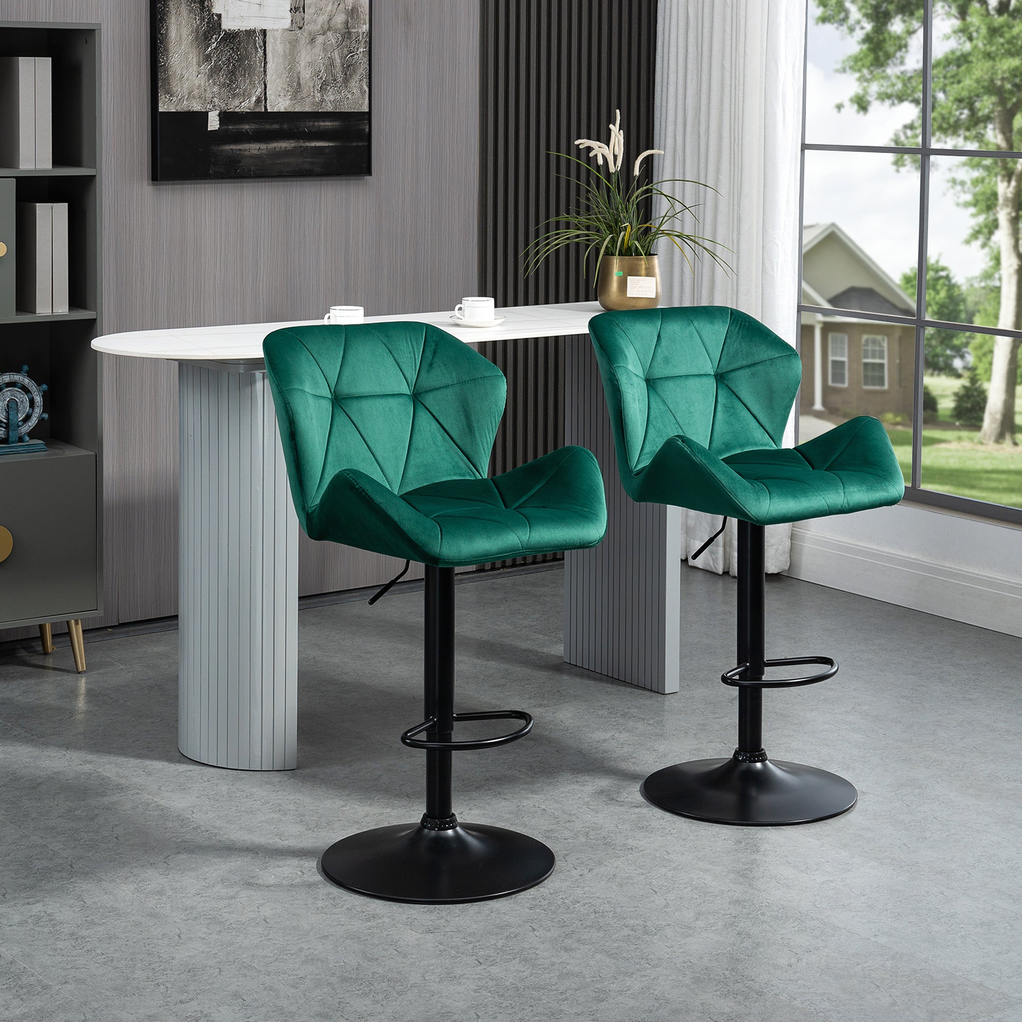 HOMCOM Bar Stools Set Of 2, Velvet-Touch Barstools with Metal Frame Footrest and Adjustable Height, Green