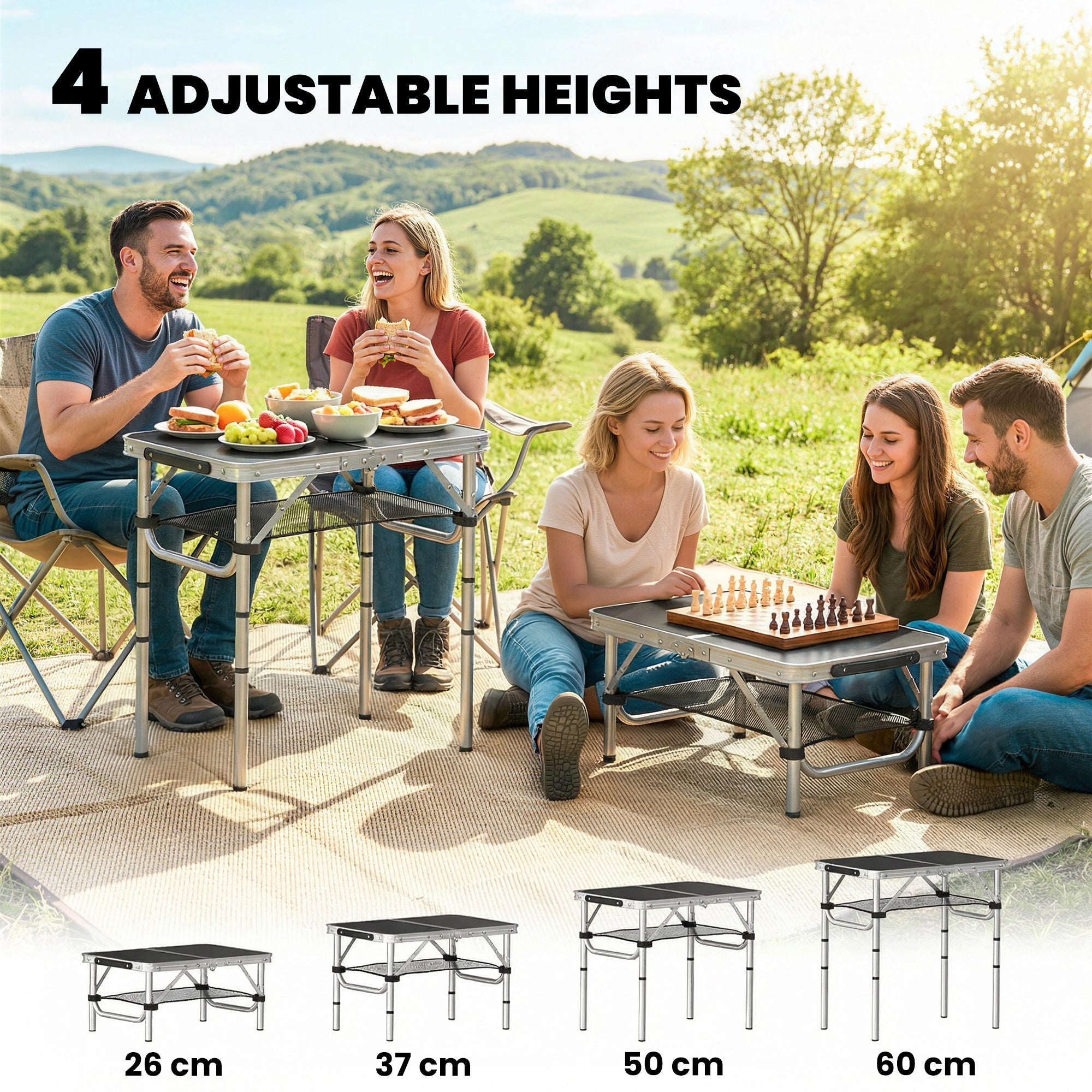 Outsunny 2ft Folding Camping Table, Picnic Table with Mesh Storage Layer, 4 Adjustable Heights and Carrying Handle, Black