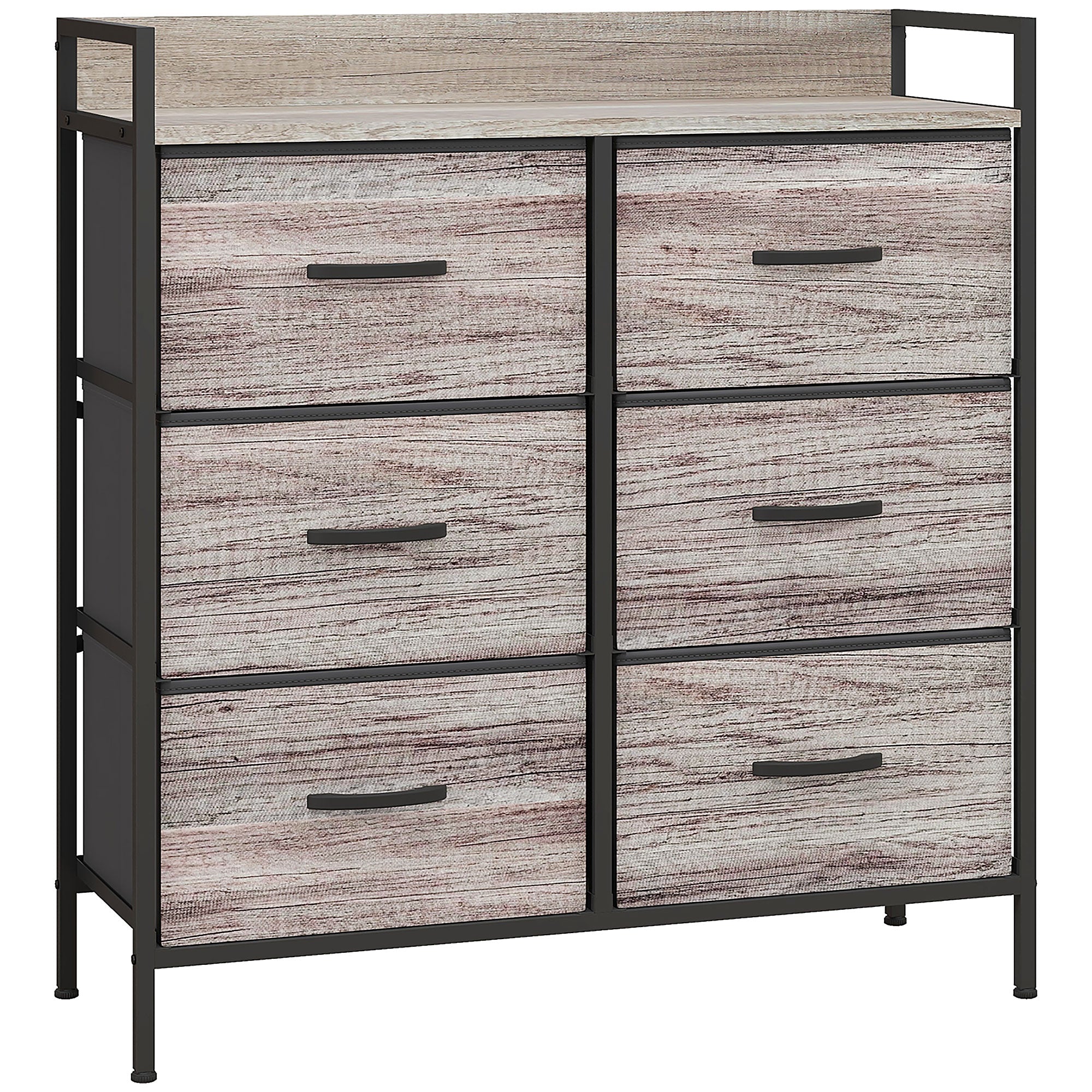 HOMCOM Rustic Chest of Six Fabric Drawers - Grey Wood Effect