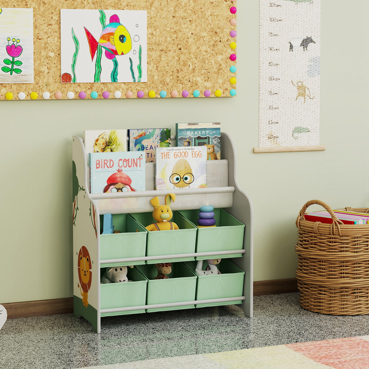 AIYAPLAY Kids Storage Unit, Toy Organiser with 6 Fabric Drawers and 2-Tier Sling Book Rack for Bedroom, Playroom, Nursery, Green