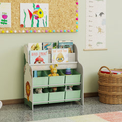 AIYAPLAY Kids Storage Unit, Toy Organiser with 6 Fabric Drawers and 2-Tier Sling Book Rack for Bedroom, Playroom, Nursery, Green