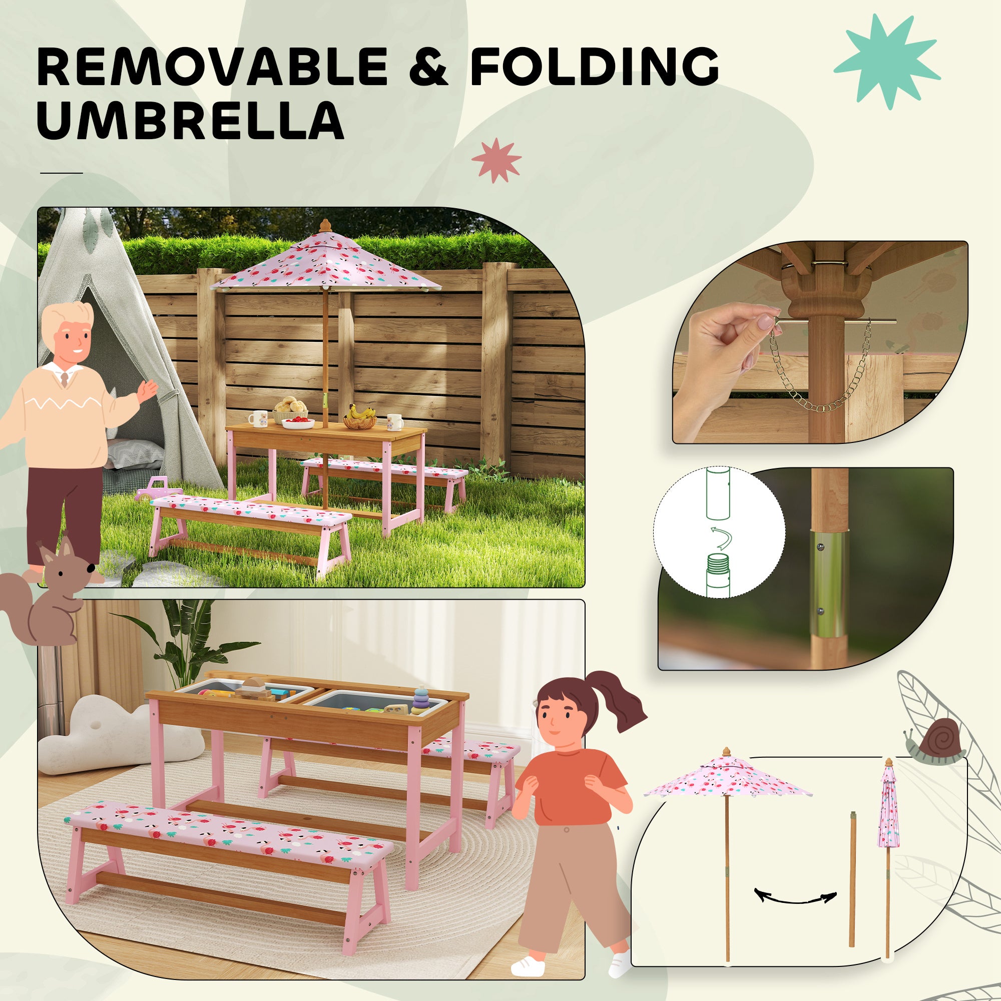 AIYAPLAY Kids Picnic Table Set with Removable & Foldable Umbrella, Cushions, Storage Boxes, Flamingo Theme, Pink