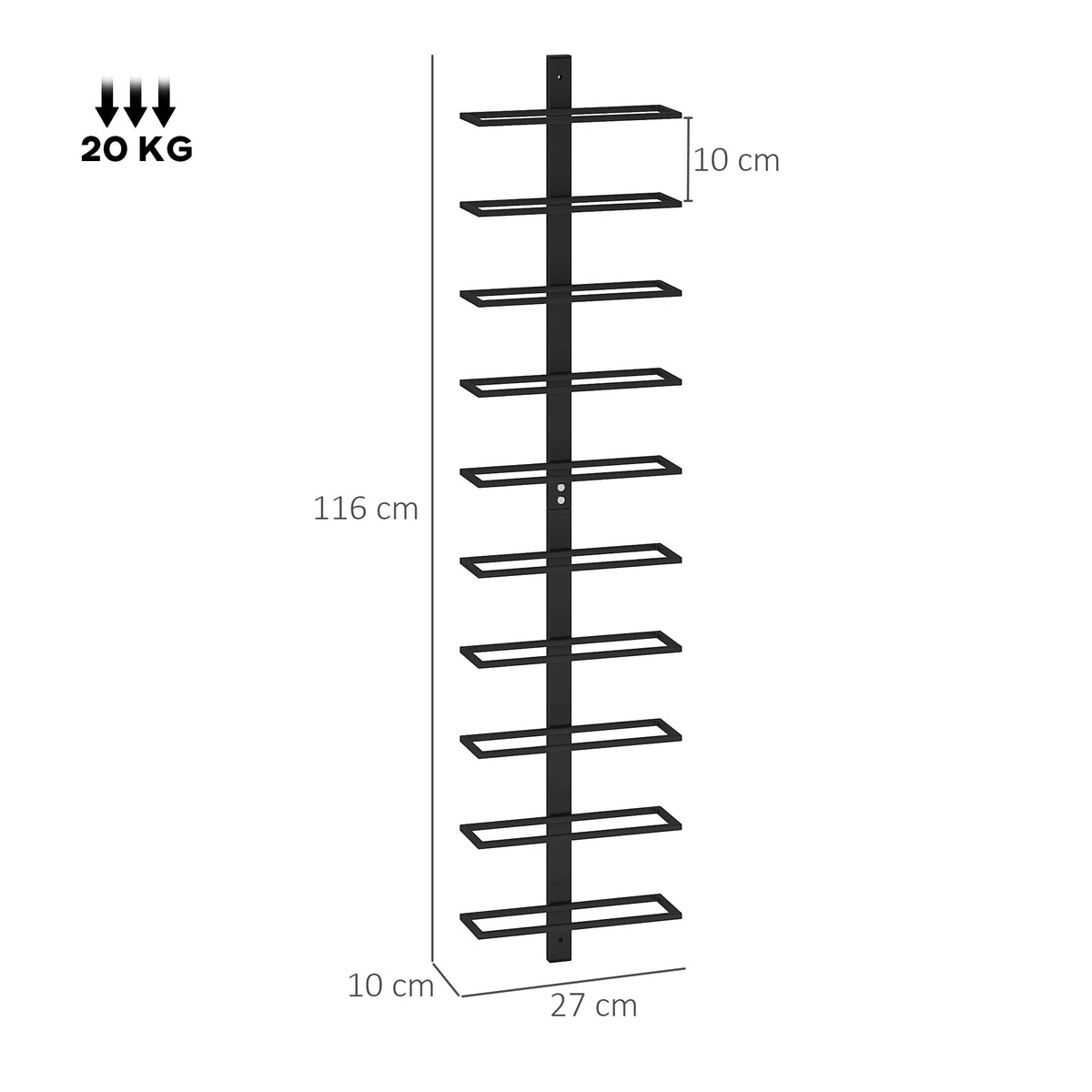 HOMCOM Wine Rack, Wall Mounted, 10 Tier Metal Wine Display Rack, Storage Holder for Kitchen, Dining Room, Bar, Cellar, Black