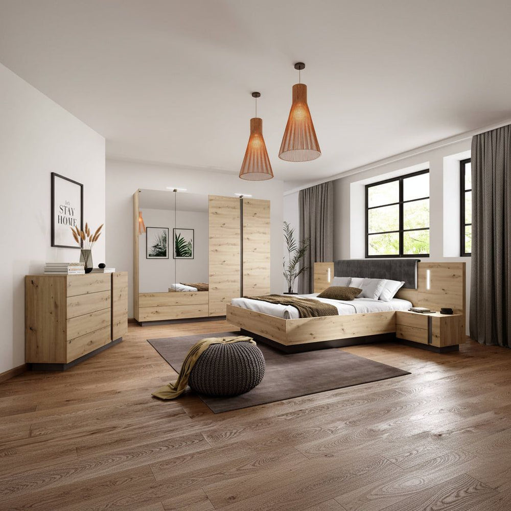 Modern bedroom with wooden furniture, including a bed, dresser, and wardrobe.